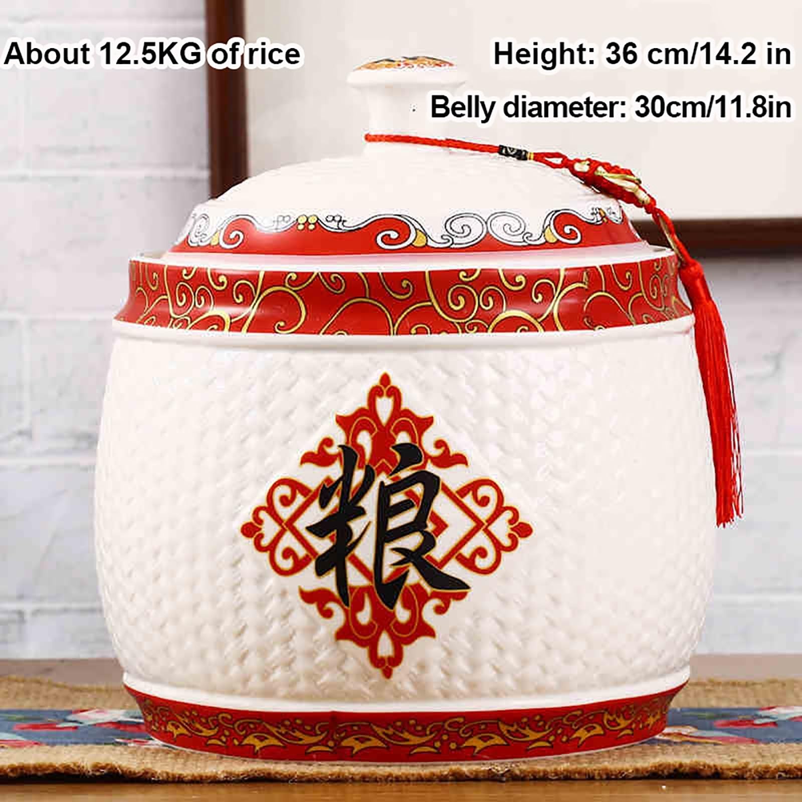 Premium Ceramic Rice Storage Container - Large Airtight Grain Dispenser with Tassel Design for Rice, Coffee Beans, Snacks & Dry Food (10L Capacity) | Perfect for Kitchen Pantry Organization & Bulk Food Storage