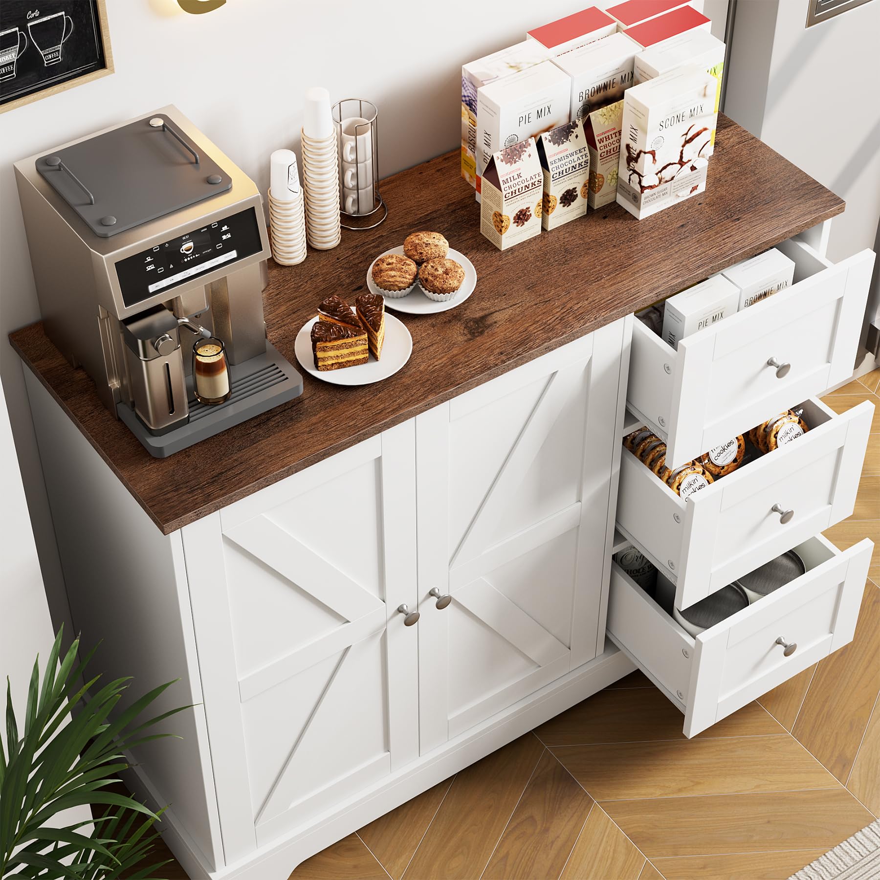 Farmhouse Style Sideboard Buffet Cabinet with Storage - 41.5 Inch White Kitchen Storage Cabinet with 3 Drawers & Open Shelves, Coffee Bar Organizer with Barn Doors - Perfect for Kitchen, Dining Room, Hallway or Entryway Storage Solution