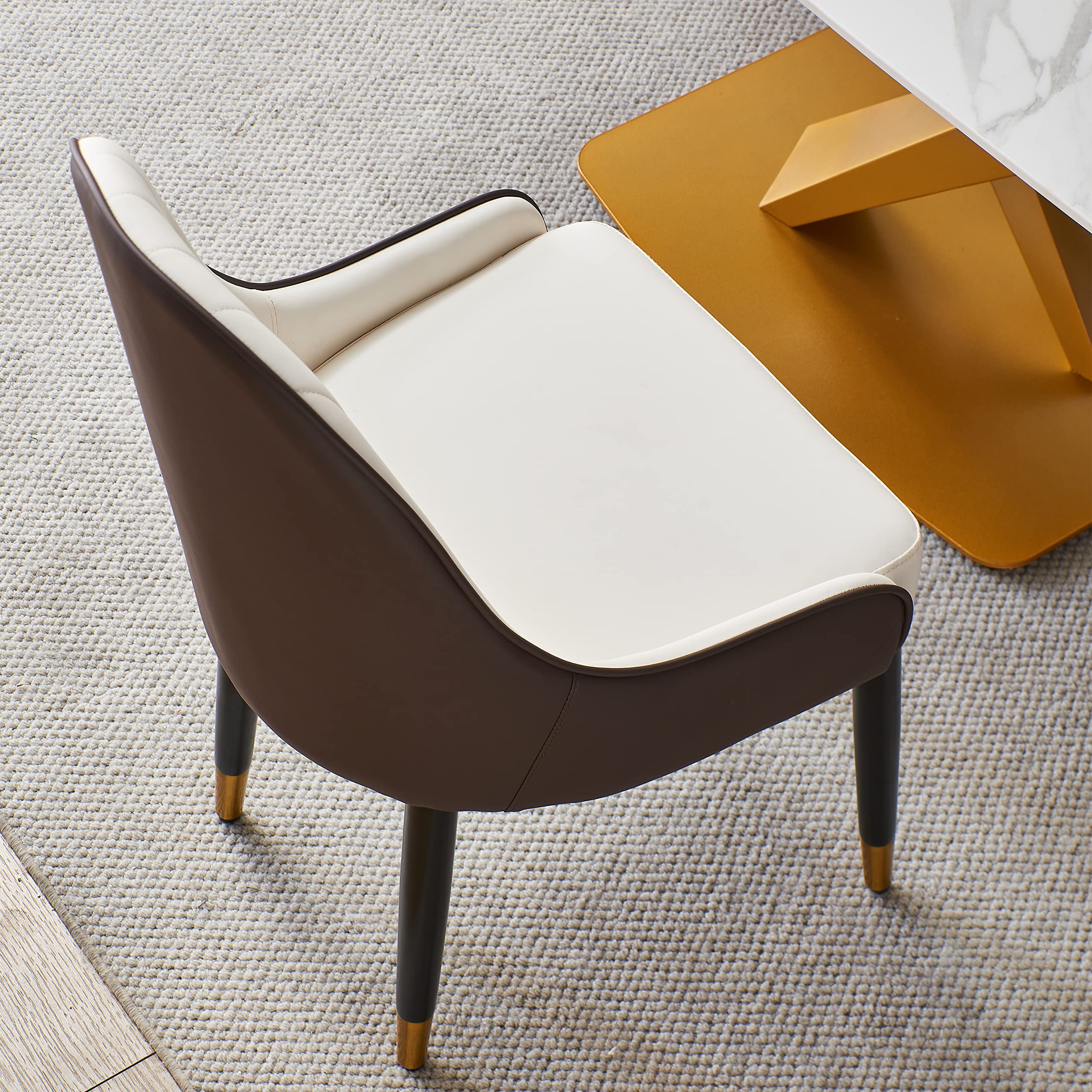 Mid Century Modern Dining Chairs Set of 2 - Brown & White Leather Upholstery with Solid Metal Legs & Ergonomic Backrest - Perfect for Dining Room, Kitchen, Living Room & Home Office