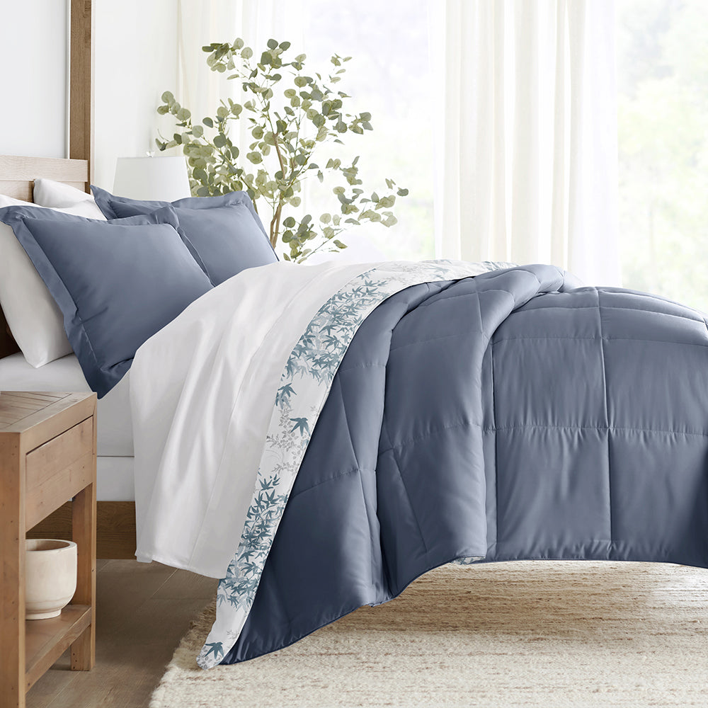 Bamboo Leaves Reversible Down Alternative Comforter Set - Hypoallergenic & Breathable Bedding for All Seasons - Perfect for Master Bedroom, Guest Room, or Dorm