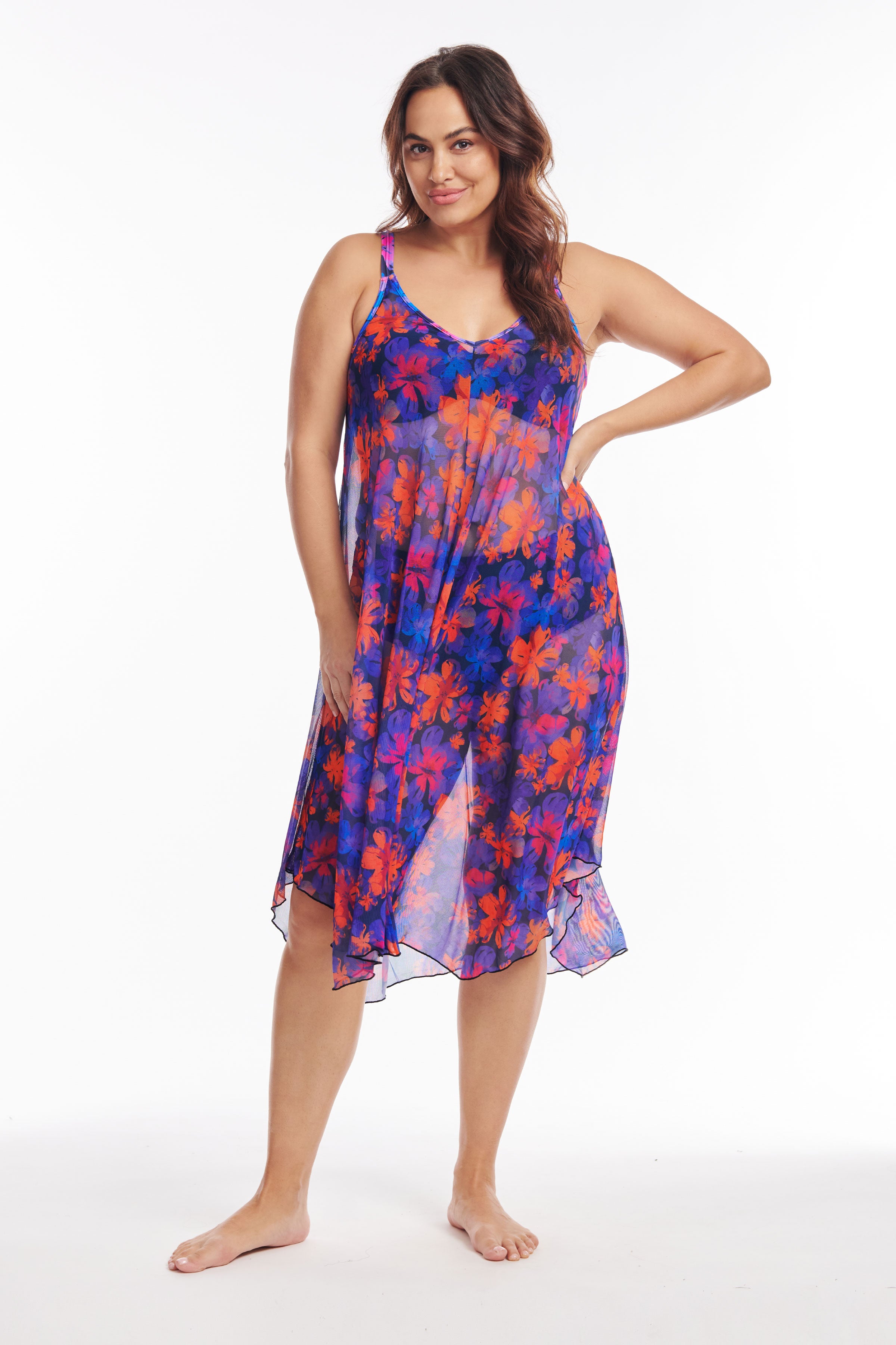 Plus Size Mid Length Flowy Mesh Coverup Tank Dress in Iridescent Blooms - Beach Cover Up, Summer Vacation Outfit, Boho Festival Wear
