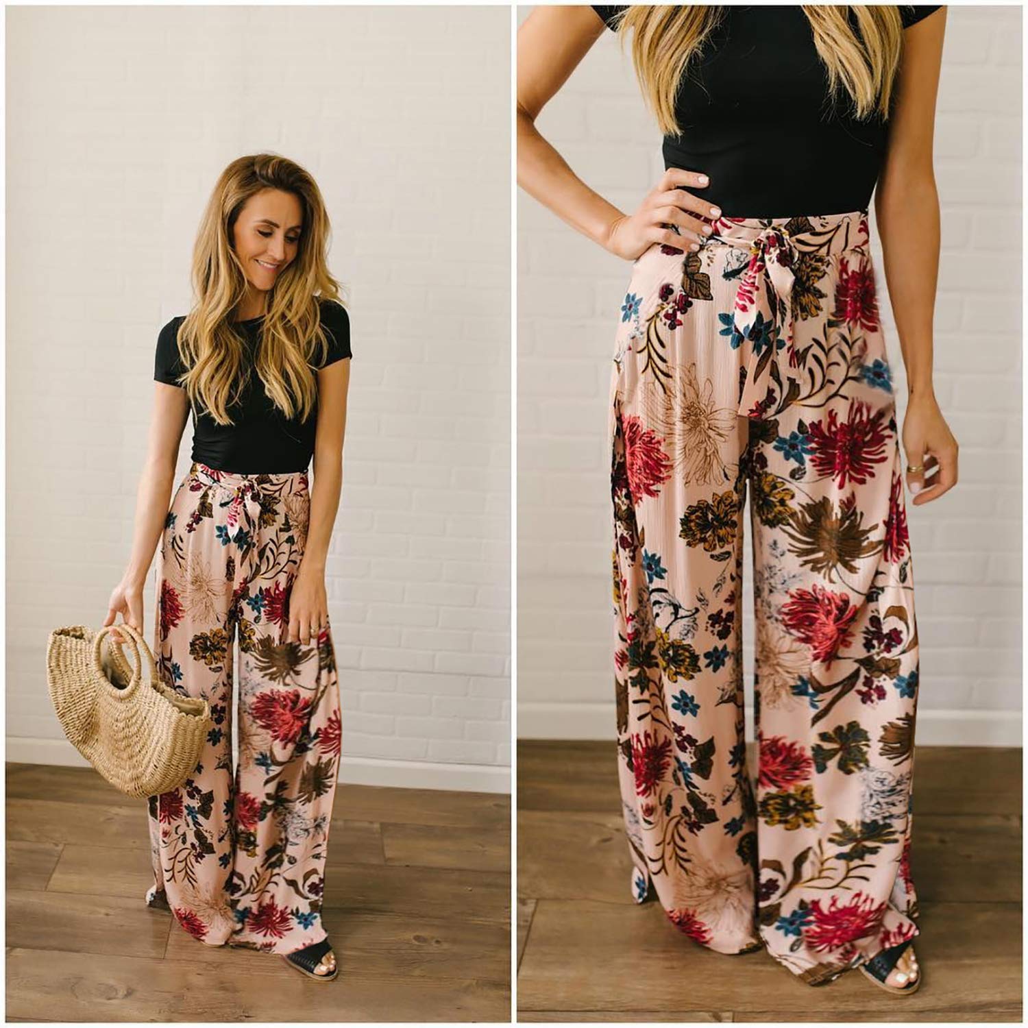 ECOWISH Women's Wide Leg Palazzo Pants - Tropical Floral Print High Waist Flared Trousers with Pockets | Summer Casual Wear for Beach, Vacation & Office Outfits