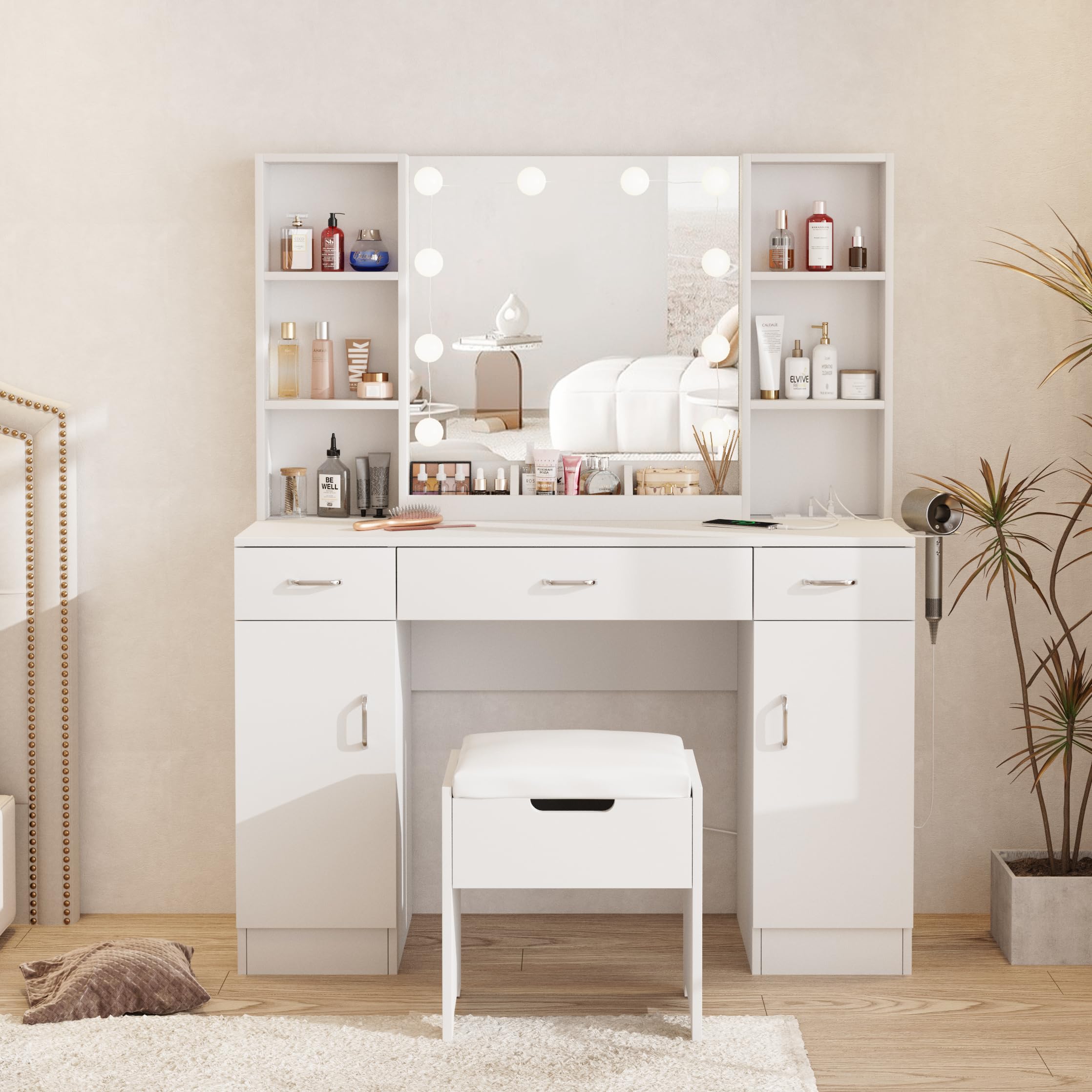 Premium Makeup Vanity Table with LED Lighted Mirror & Built-in Outlets - Large Dressing Table with Ample Storage, 3 Lighting Modes & Adjustable Brightness (45 Inch) - Perfect for Home Beauty Salon, Bedroom Decor & Professional Makeup Artists