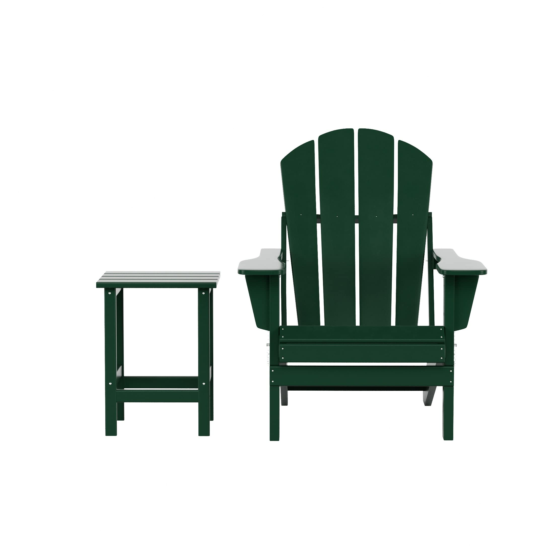 WO Home Furniture 2-Piece Adirondack Chair Set with Side Table - Outdoor Folding Chairs Weatherproof & UV Resistant for Lawn, Garden, Patio, Deck, Camping, Bonfire, Backyard Relaxation (Dark Green)