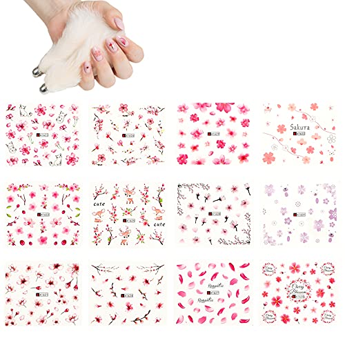 SAVITA 12Pcs Sakura Flower Nail Stickers - Cherry Blossom Nail Art Decals for Women DIY Manicure - Perfect for Spring Nails, Bridal Shower, Wedding & Party Nail Designs
