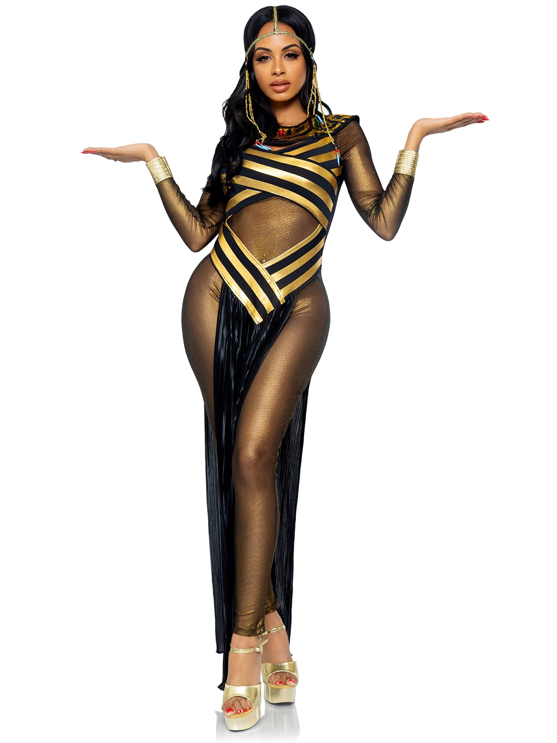 Leg Avenue Women's 3PC Nile Queen Costume - Catsuit Dress with Jeweled Collar & Headpiece - X-Large Size - Perfect for Halloween, Cosplay, and Themed Parties