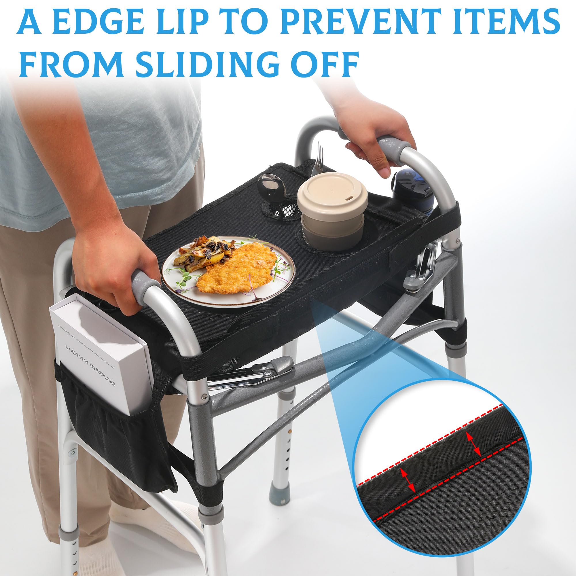 **Walker Tray with Cup Holder & Non-Slip Mat - Removable Mobility Tray for Seniors | Fits Most Standard Folding Walkers | Includes Storage Pockets | Perfect for Meals, Reading & Daily Activities**