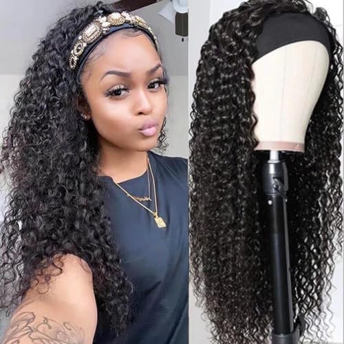 headband deep wave black curly wig