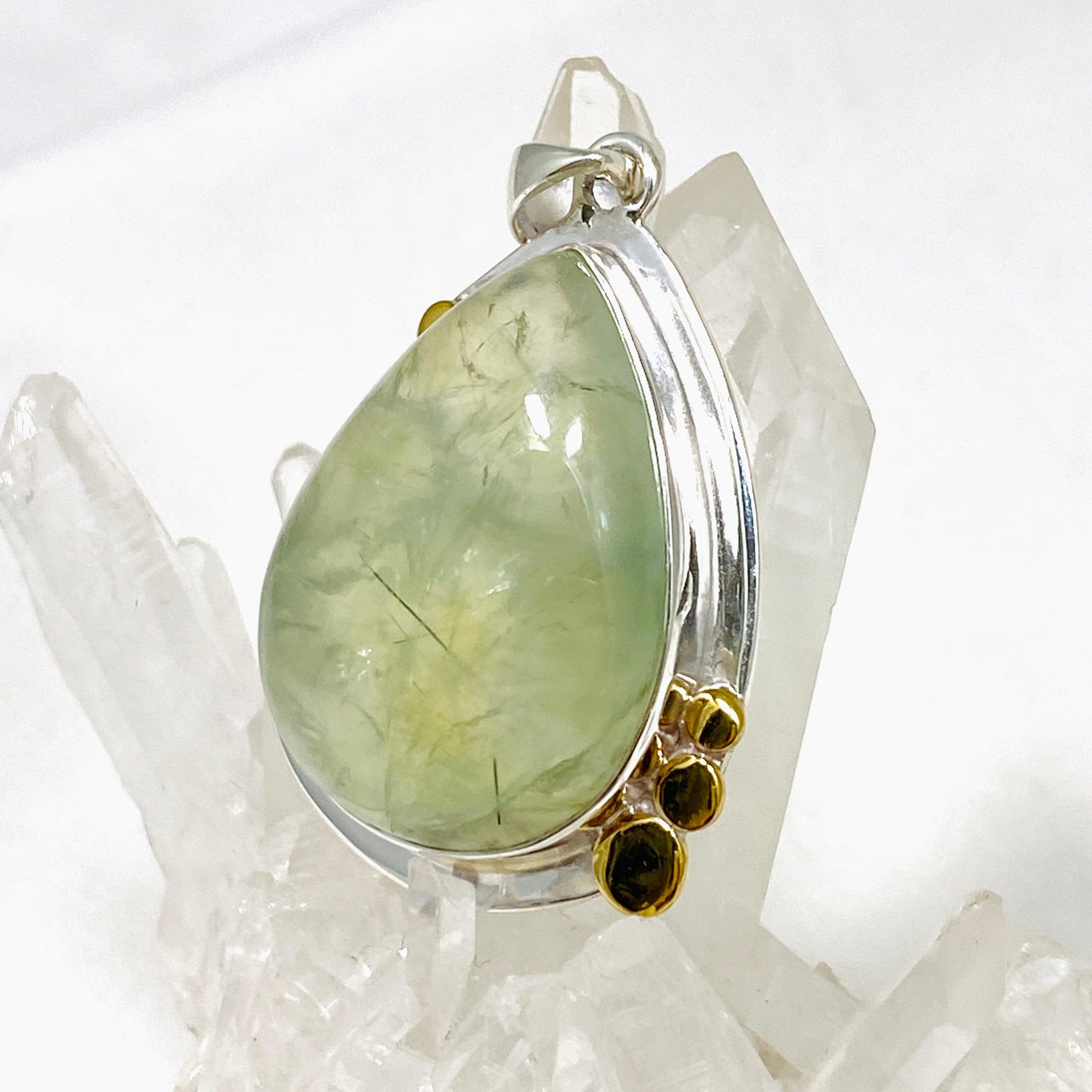 Prehnite Teardrop Pendant Necklace with Brass Accents - KPGJ4294 | Elegant Boho Jewelry for Women, Perfect for Everyday Wear & Special Occasions