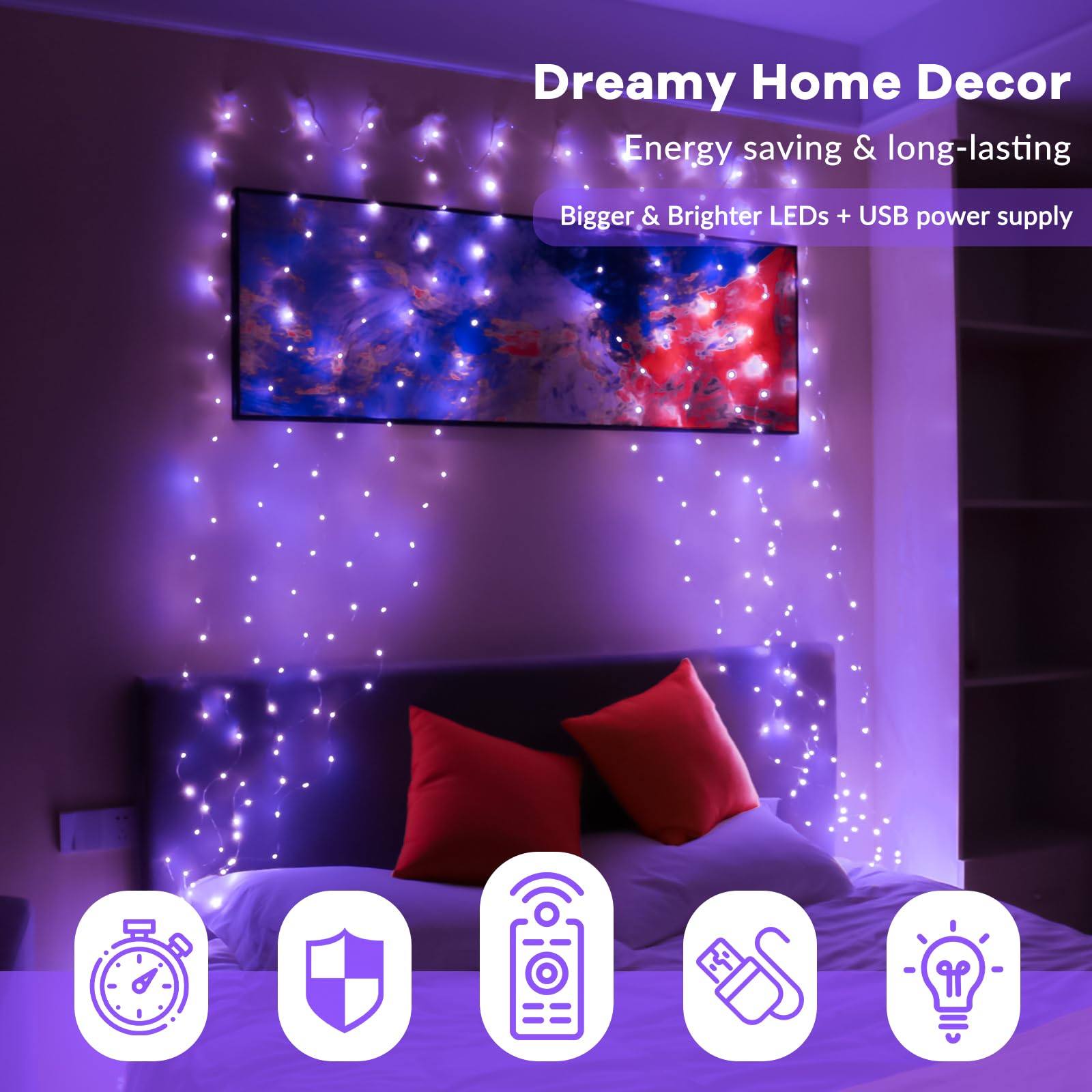 300 LED Purple Fairy Curtain Lights with Remote - 8 Lighting Modes & Timer - 9.8x9.8ft USB Plug-in String Lights for Bedroom, Outdoor, Wedding, Party, Garden, Wall Decor - Perfect for Christmas, Home Decorations & Romantic Ambiance