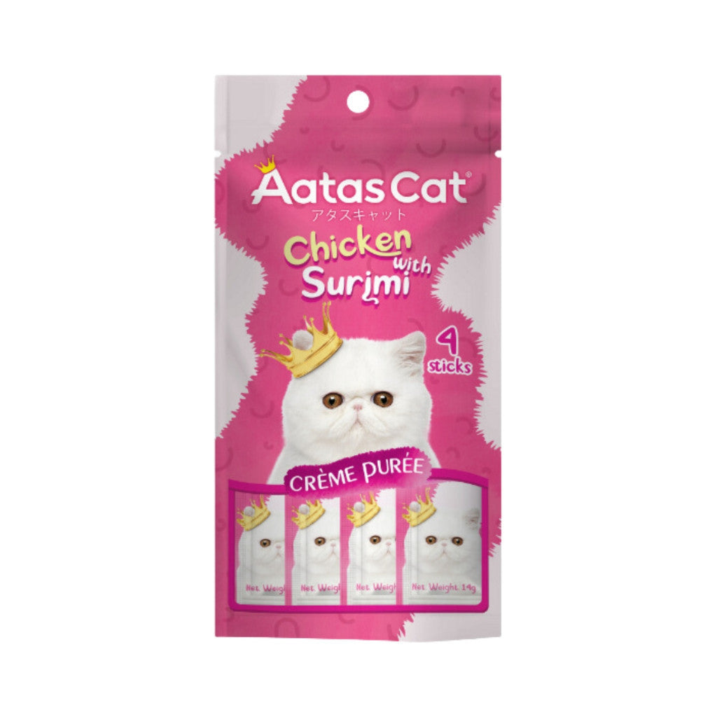 Aatas Cat Crème Purée Cat Treats 14g x 4 Sachets - Smooth Creamy Tuna, Chicken & Surimi Flavored with Coconut Oil - Perfect for Rewards, Training & Bonding with Your Feline Friend
