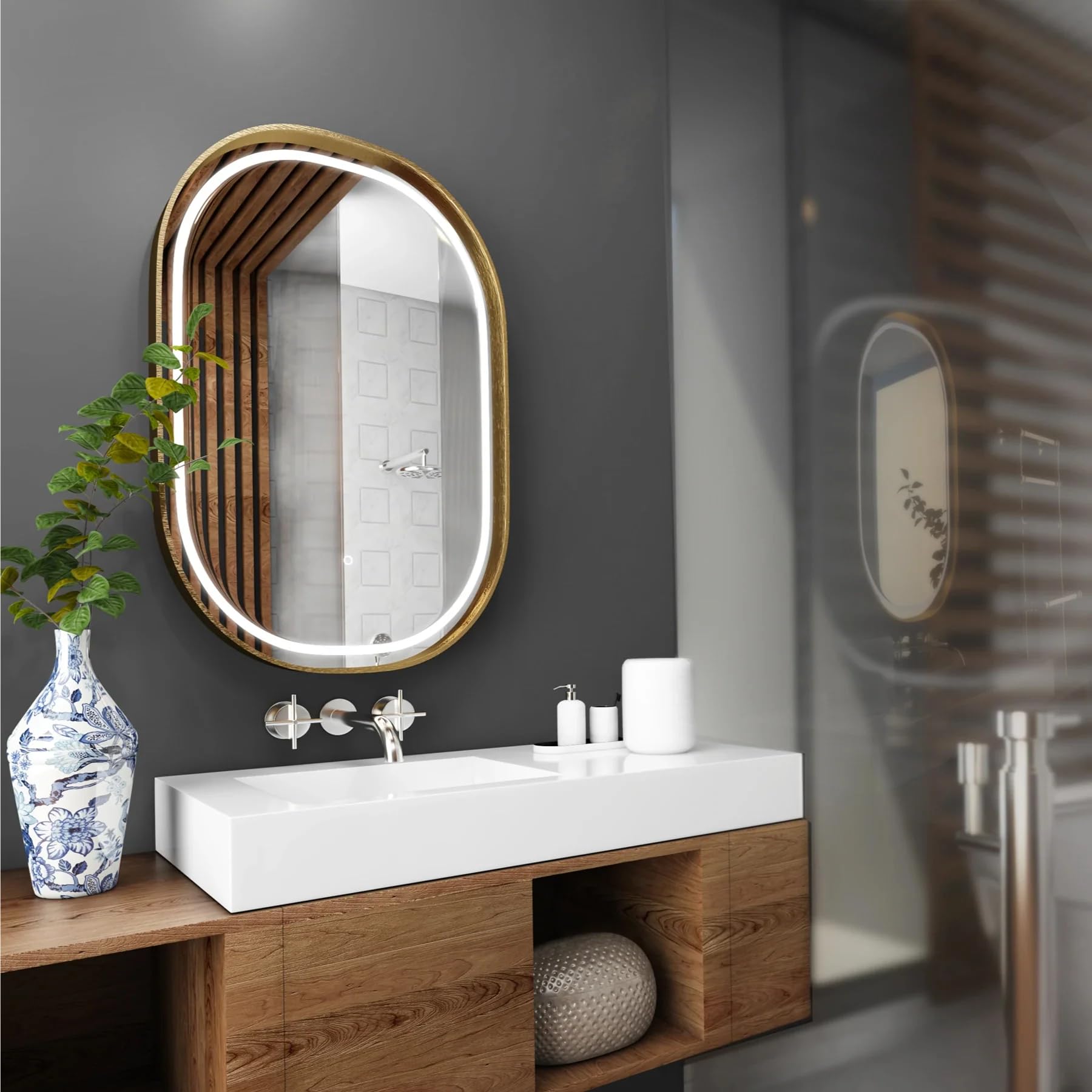 LEDMyplace 24 x 36 Inch Gold Framed LED Bathroom Mirror - 3000K/4000K/6000K Adjustable CCT, Touch Switch, CRI 90+, 2160 Lumens - Perfect Makeup Vanity Mirror for Bathroom, Dressing Room & Bedroom
