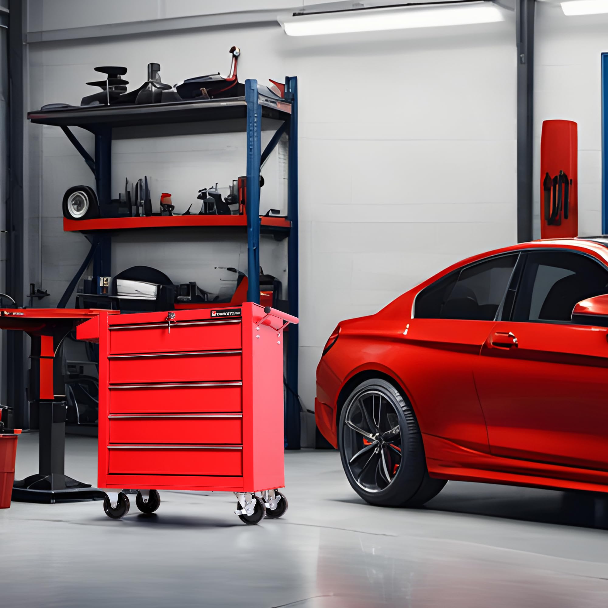 Heavy Duty 5-Drawer Steel Rolling Tool Chest Cart with Lockable Drawers - TZ35 Red for Garage, Workshop & Professional Mechanics