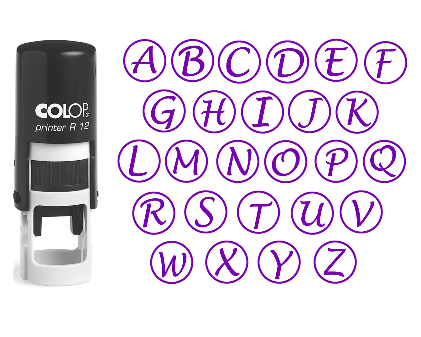 Custom A-Z Alphabet Stamp in Violet Ink - Monogram Round Rubber Stamp with Self Inking - COLOP Mini Stamper 12mm for DIY Crafts, Scrapbooking & Personalized Gifts