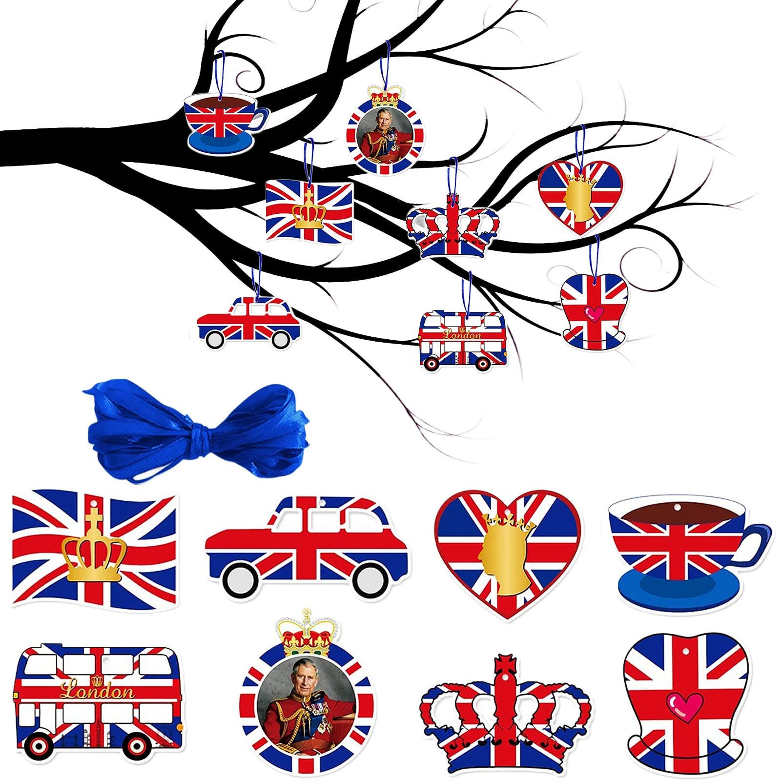 8Pcs Union Jack Coronation Hanging Ornaments - British Royal Party Decorations for King Charles III Coronation Souvenirs 2023 | Perfect for Home Decor, Christmas Tree, Garden & Royal Celebration Parties