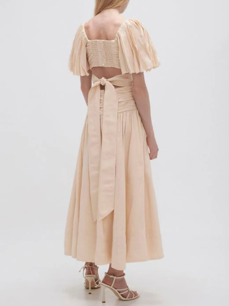 Sexy Backless Summer Dress for Women - Square Collar, Puff Sleeve, High Waist Lace-Up A-Line Dress with Folds | Perfect for Date Night, Parties & Beach Vacations