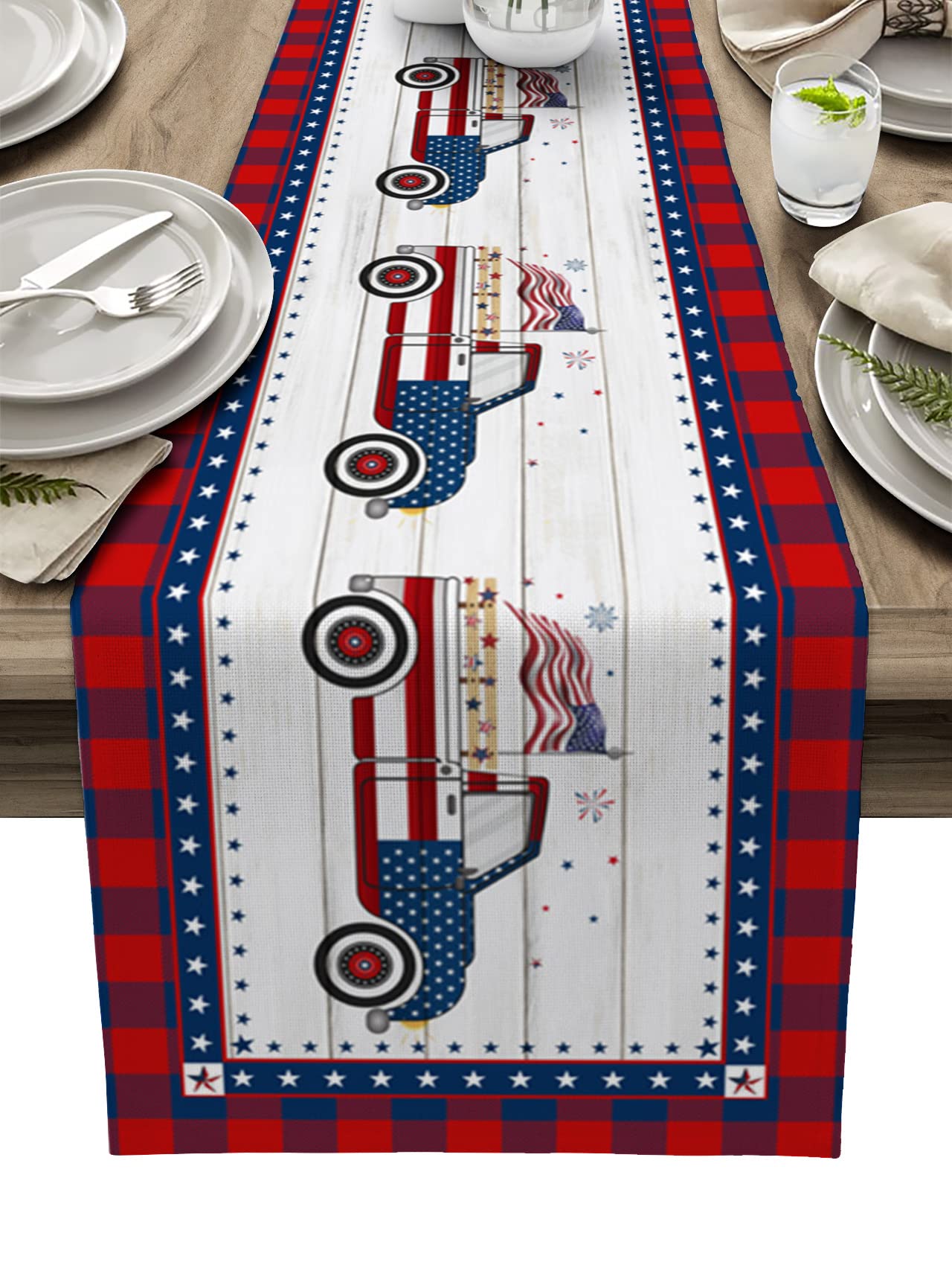 120-inch Cotton Linen Table Runner - American Flag Patriotic Tablecloth for Independence Day Decor | Perfect for Dining Table, Kitchen, Bedroom Dresser & Truck Decoration | Washable Decorative Table Scarves for Home & Party