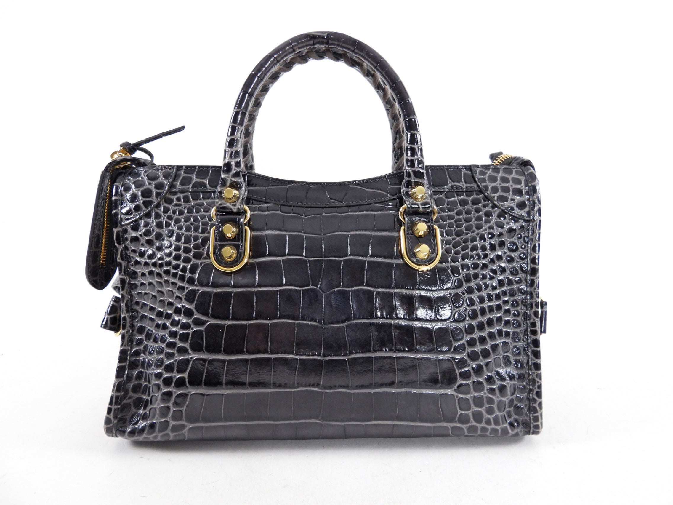 Balenciaga Dark Grey Croc Embossed Small Metallic Edge City Bag - Luxury Designer Handbag for Women, Perfect for Everyday Use & Night Out