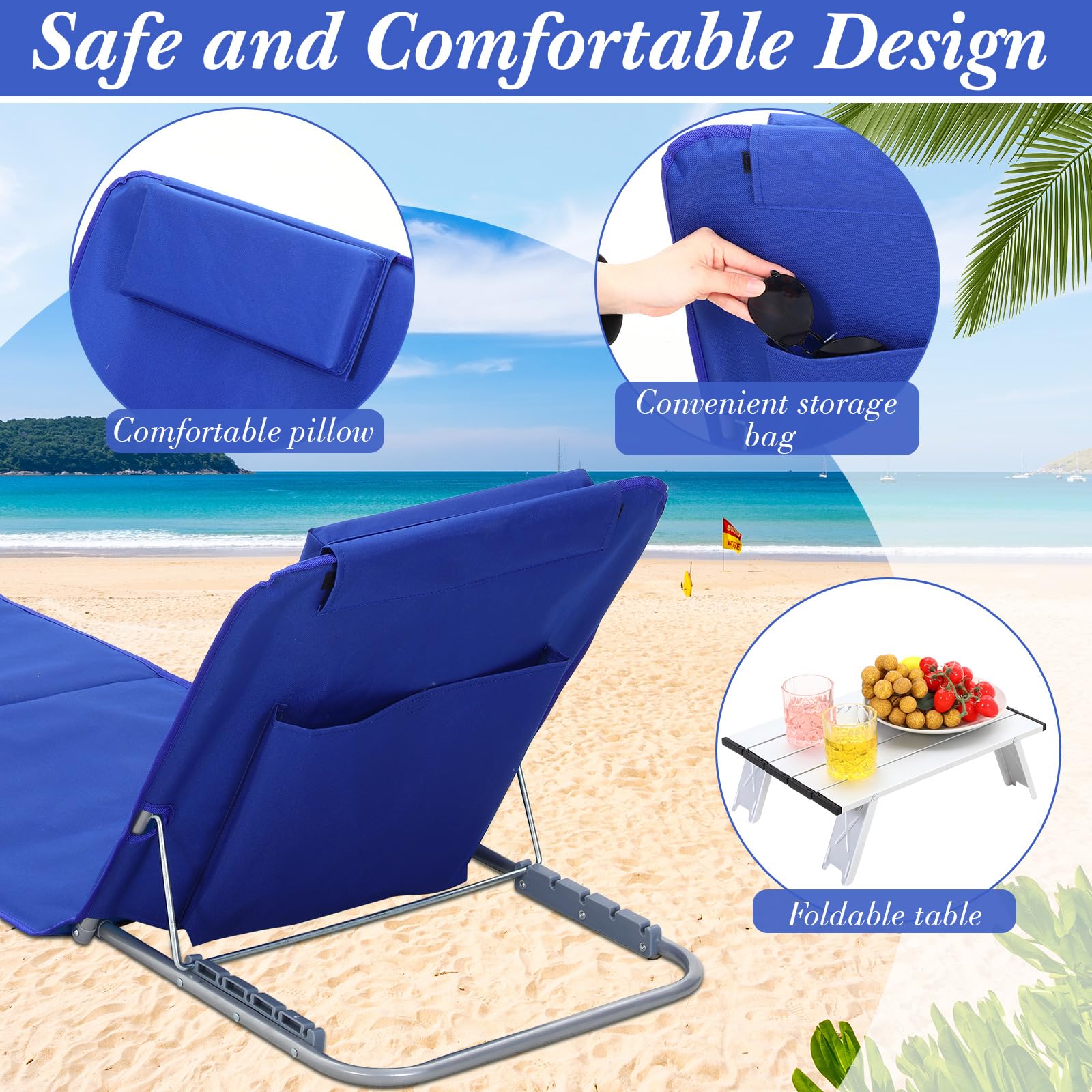 4 Pack Portable Beach Lounge Chairs with 2 Folding Side Tables - 5-Position Adjustable Lightweight Sunbathing Chaise for Outdoor, Yard, Lawn & Camping (Deep Blue) - Perfect for Poolside Relaxation, Backyard Lounging and Beach Vacations