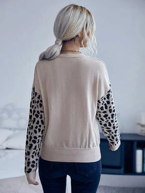 Women's V-Neck Knitted Sweater Top with Wild Print Sleeves - Soft Casual Pullover for Fall & Winter | Perfect for Office, Date Night & Weekend Outfits