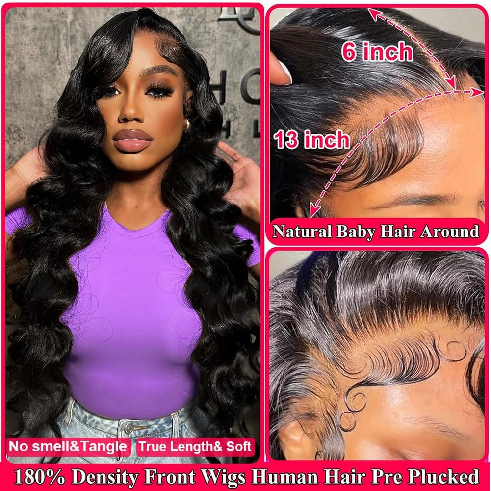 20 Inch Brazilian Human Hair Lace Front Wig - Body Wave 13x6 HD Lace Frontal with Pre-Plucked Hairline & Bleached Knots - 180% Density Natural Black Women Wig for Daily Wear & Special Occasions