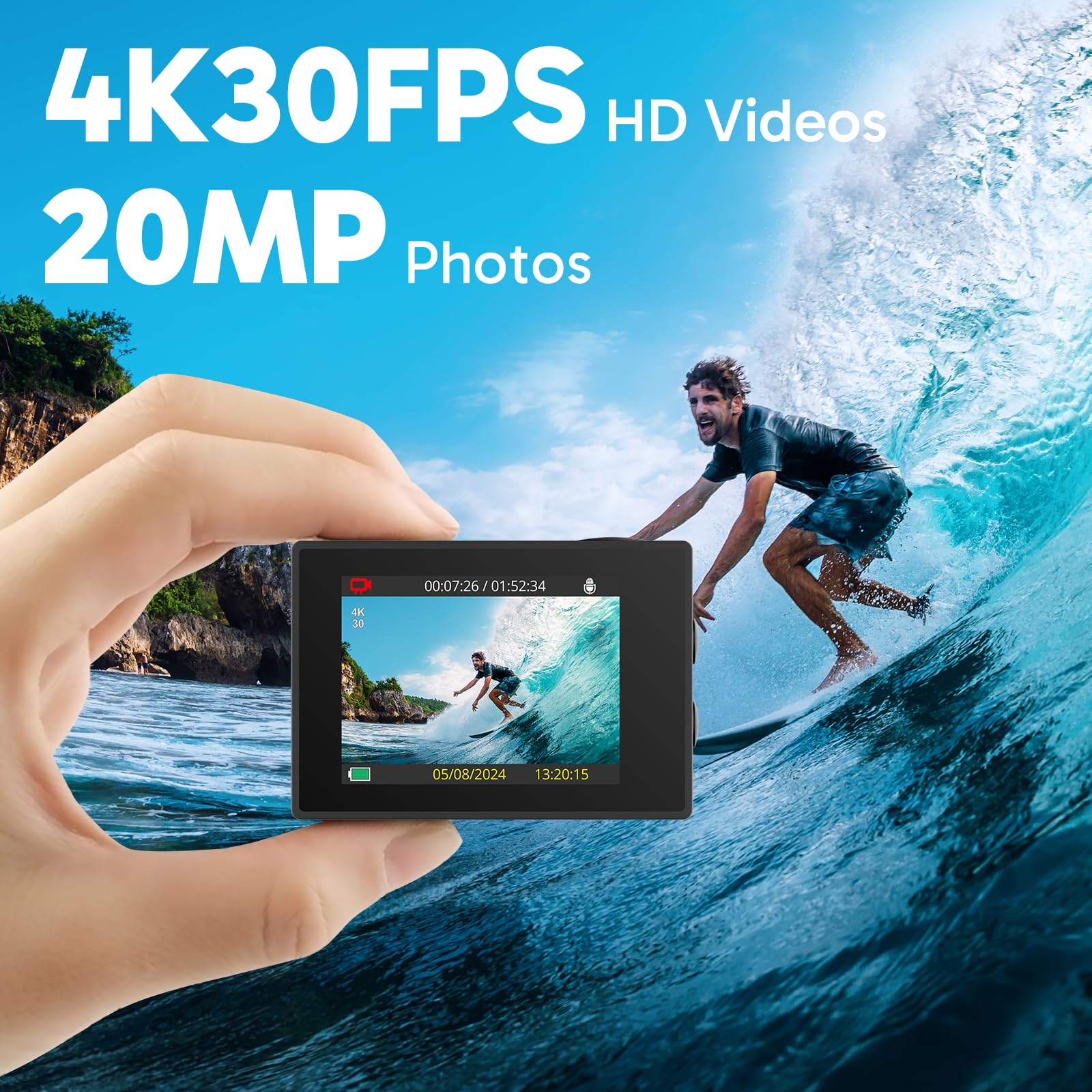 AKASO EK7000 4K30FPS 20MP Waterproof Action Camera with 170° Wide Angle Lens - Underwater Sports & Adventure Photography - Supports External Mic for Vlogging (Silver)