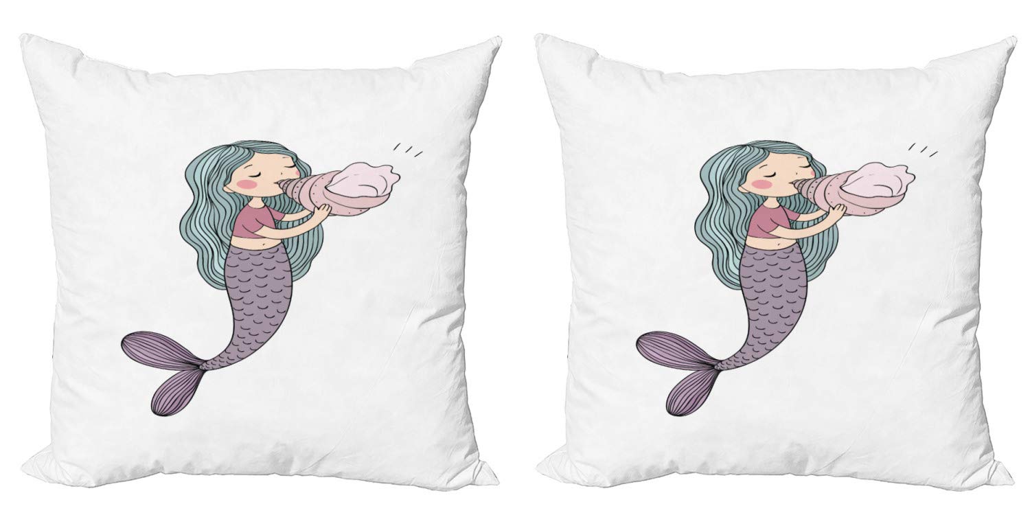 Ambesonne Mermaid Decorative Throw Pillow Covers Pack of 2 - Mythological Underwater Fantasy Design with Seashells, 16x16 Inch Multicolor Cushion Covers for Living Room, Bedroom, Sofa & Dorm Decor - Perfect for Coastal, Nautical or Kids Room Themes