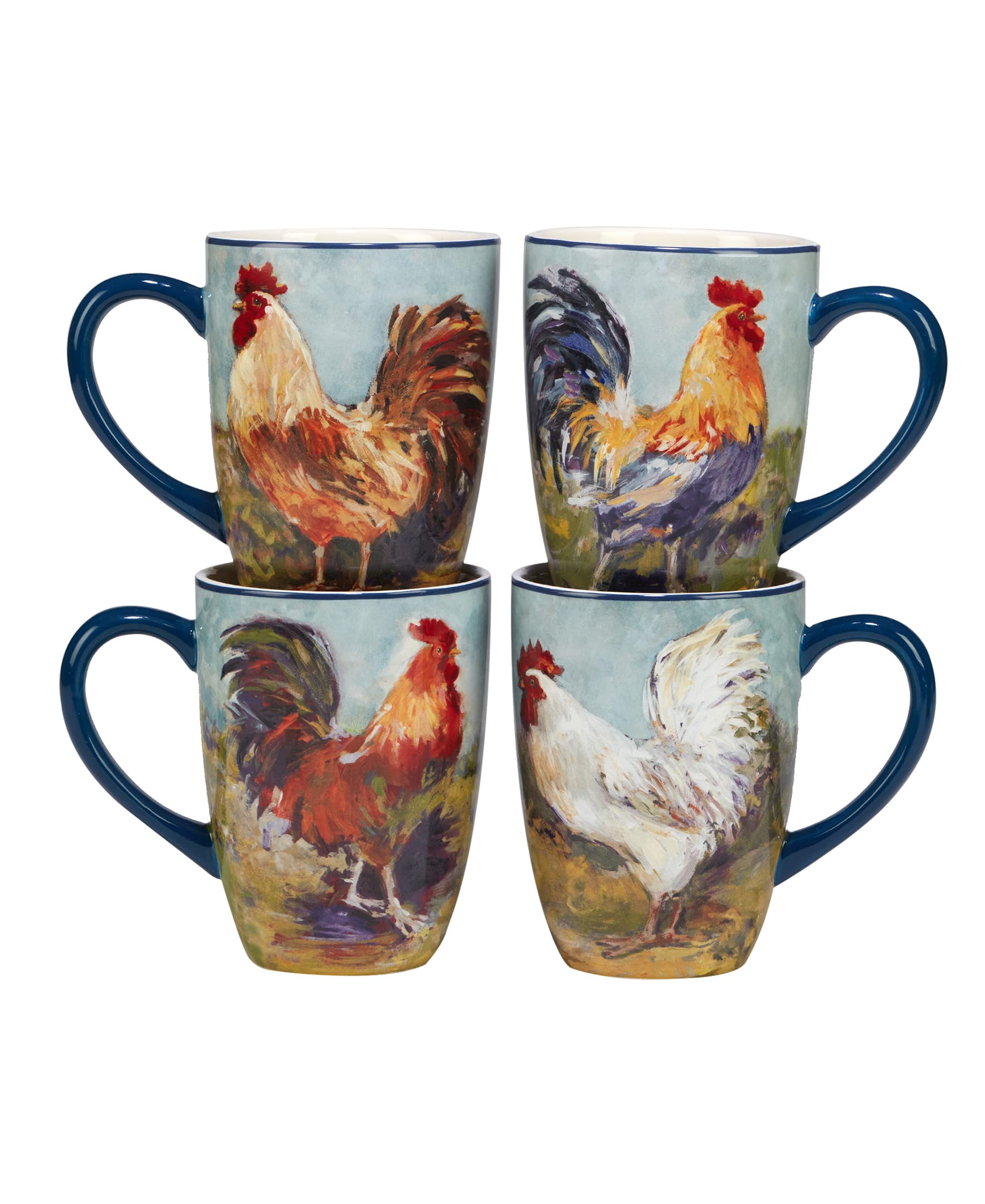 Certified International Rooster Meadow 22 oz. Stoneware Coffee Mugs, Set of 4 - Perfect for Farmhouse Kitchens, Coffee Lovers & Gift Giving