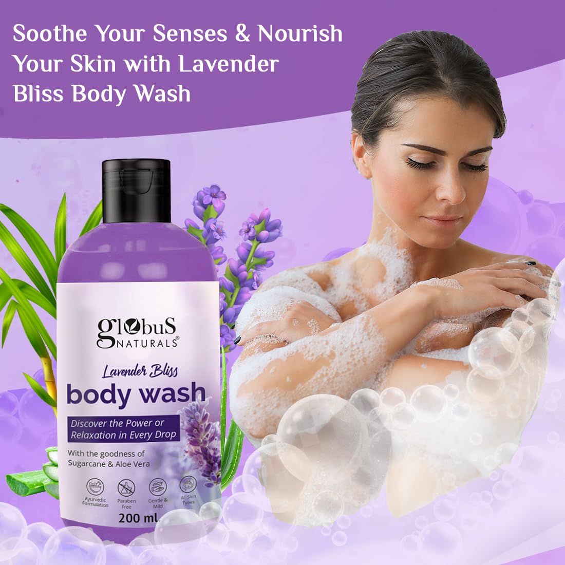 Globus Naturals Lavender Body Wash with Sugarcane & Aloe Vera - Ayurvedic, Paraben-Free, Gentle for All Skin Types - 200ml | Relaxing Bath & Aromatherapy for Stress Relief