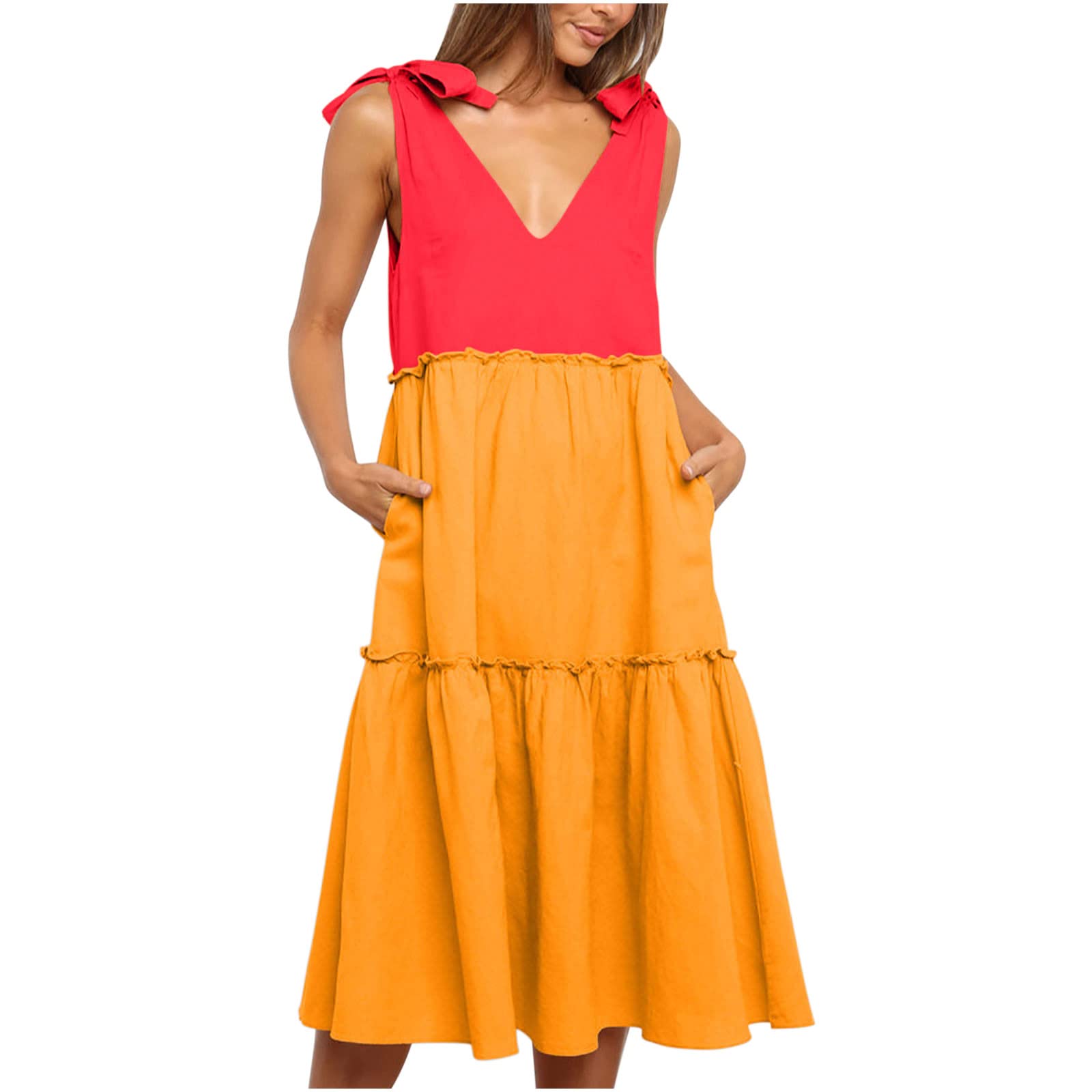 Women's Summer Patchwork Solid Color Sun Dress - Sleeveless V-Neck A-Line Midi Dress for Beach, Vacation & Casual Wear