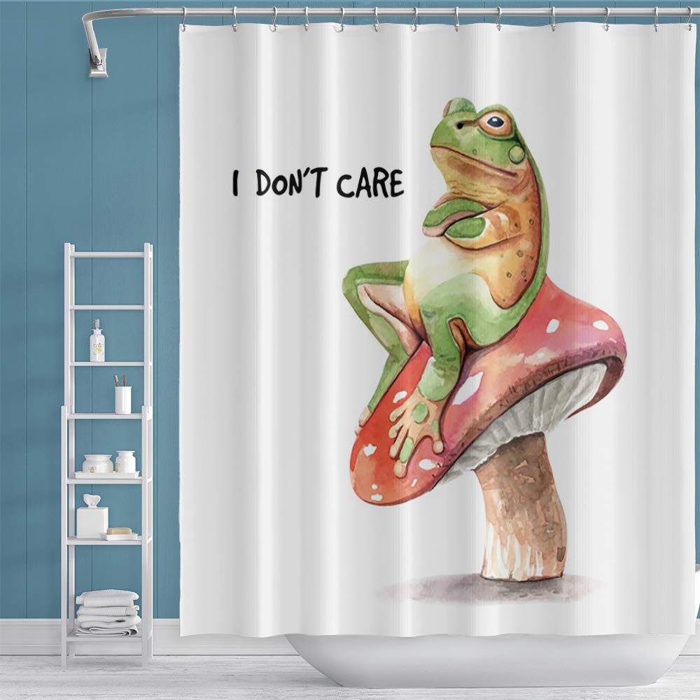 Stylish Frog Sitting on Red Mushroom Watercolor Painting Polyester Shower Curtain with Hooks - 59x59 Inches Modern Animal Bathroom Decor for Kids & Nature-Themed Bathrooms