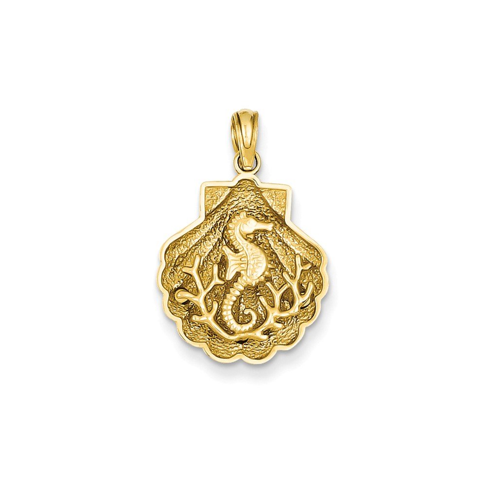 14K Yellow Gold Textured Seahorse in Shell Pendant Necklace for Women - Elegant Sea-Themed Jewelry Gift for Birthday, Anniversary & Beach Vacations