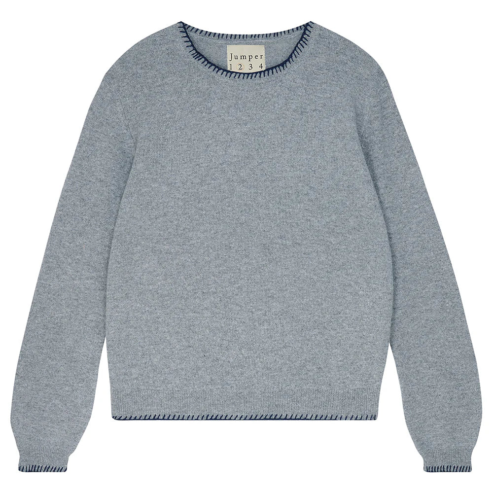 Luxury Cashmere Blanket Stitch Crew Sweater - Mid Grey Navy - Soft & Warm Winter Knitwear for Men & Women | Perfect for Cozy Evenings, Travel & Gifts