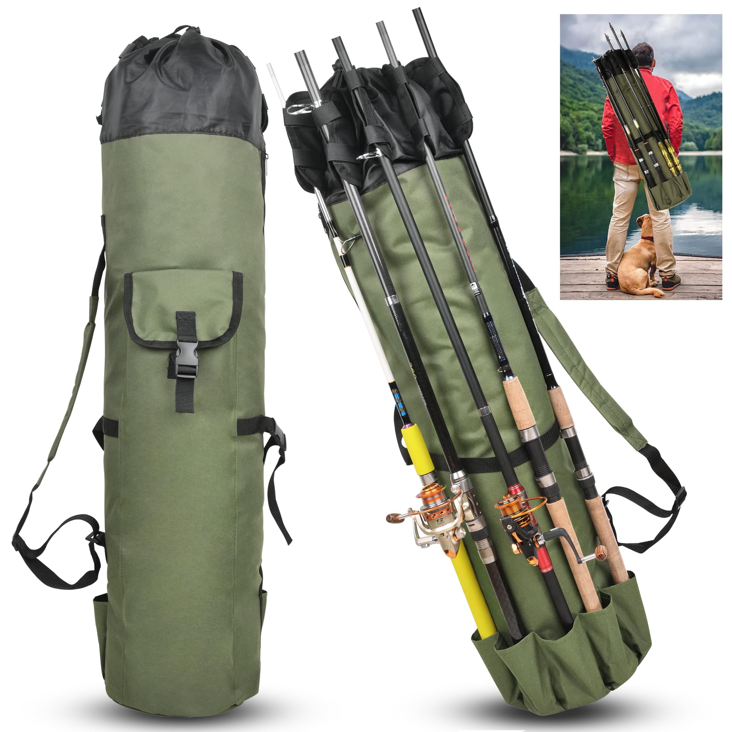 OROOTL Fishing Rod Bag - Durable Canvas Fishing Pole Case with Reel Organizer, Tackle Backpack & Rod Holder - Perfect for Travel, Storage & Outdoor Fishing Trips - Great Gift for Anglers & Fishing Enthusiasts