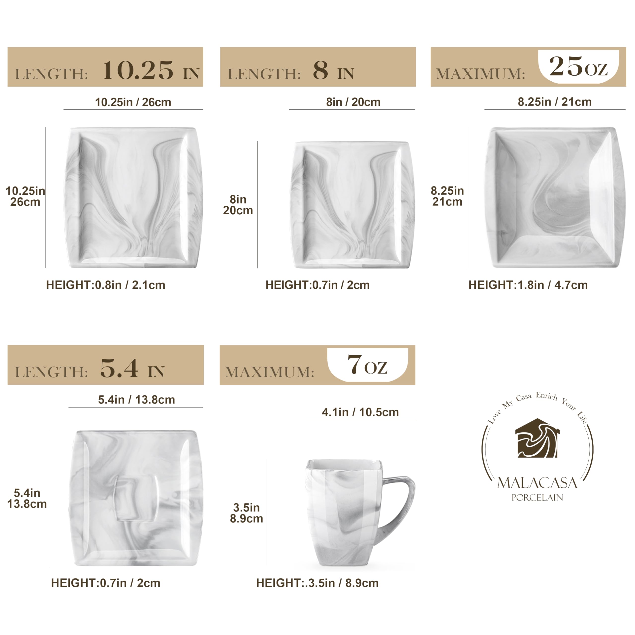 MALACASA 60-Piece Porcelain Dinnerware Set for 12 - Square Marble Plates, Bowls, Cups & Saucers - Modern White Dishware Set for Formal Dining, Restaurant, Wedding & Home Decor
