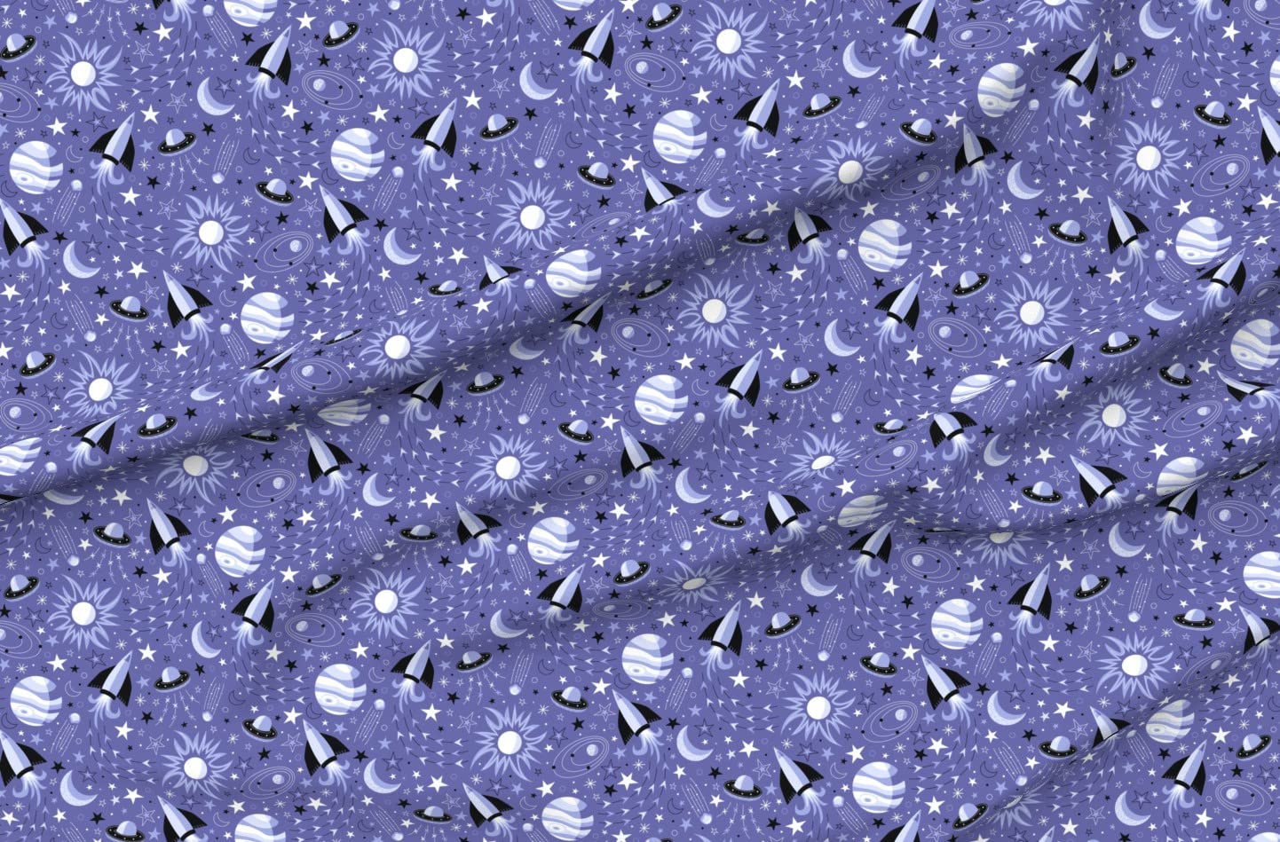 Space Star Kids Periwinkle Nerd Geek Planets Sun Printed Satin Fabric - Fat Quarter for Sewing, Lining, Apparel, Fashion, Blankets & Home Decor | Perfect for DIY Projects, Quilting, and Nursery Decor