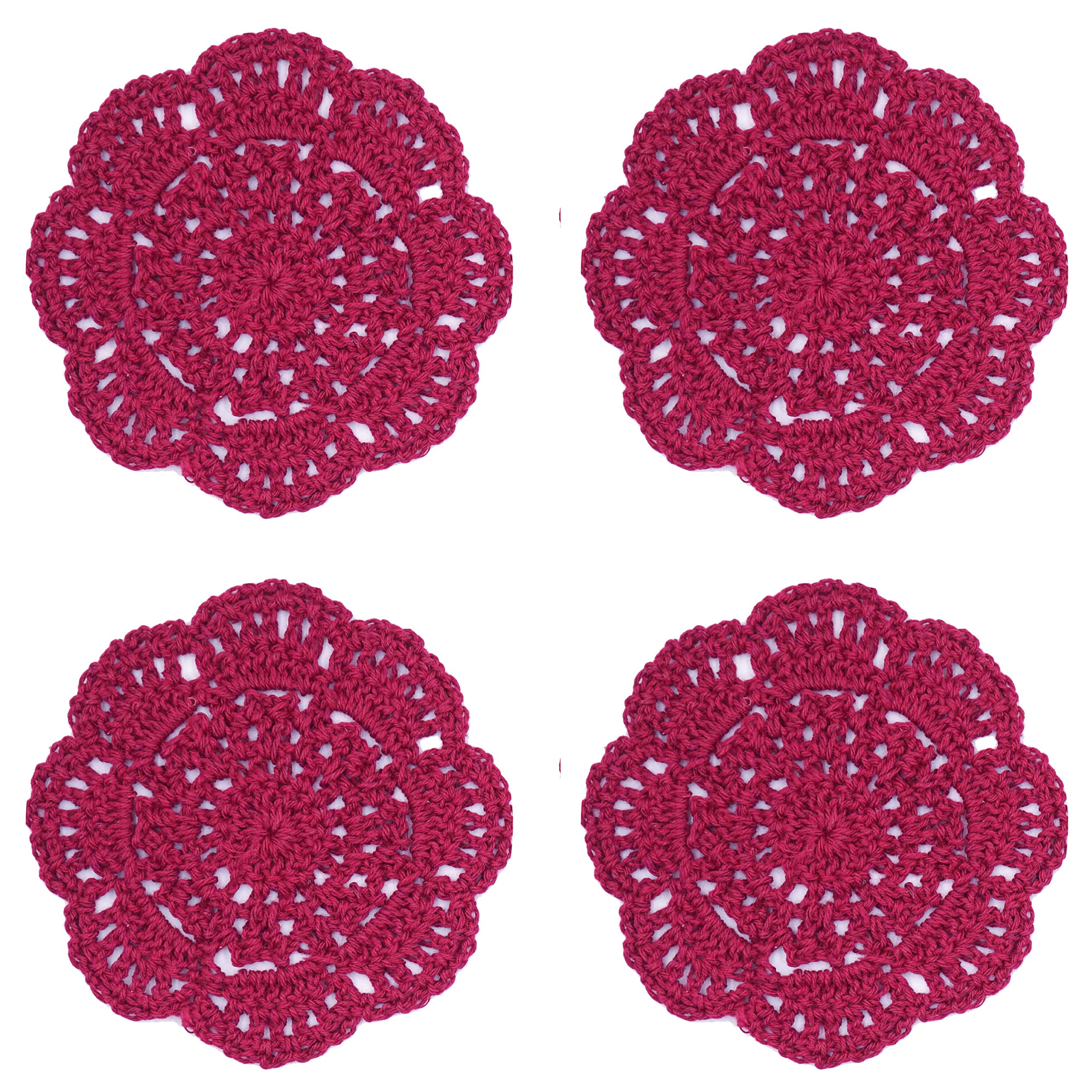 Handmade Burgundy Crochet Doilies Coasters - 4 Inch Round Lace Table Decor, Set of 4 - Perfect for Tea Parties, Wedding Centerpieces & Vintage Home Decor