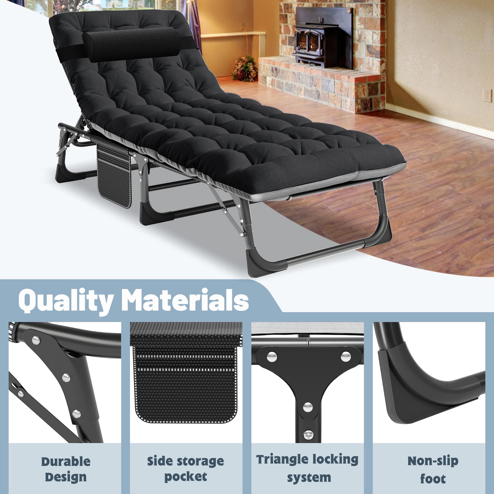 Slsy 5-Position Folding Chaise Lounge Chair for Adults - Portable Outdoor Sleeping Cot for Beach, Camping, Pool & Lawn - Perfect for Sun Tanning, Relaxing & Travel