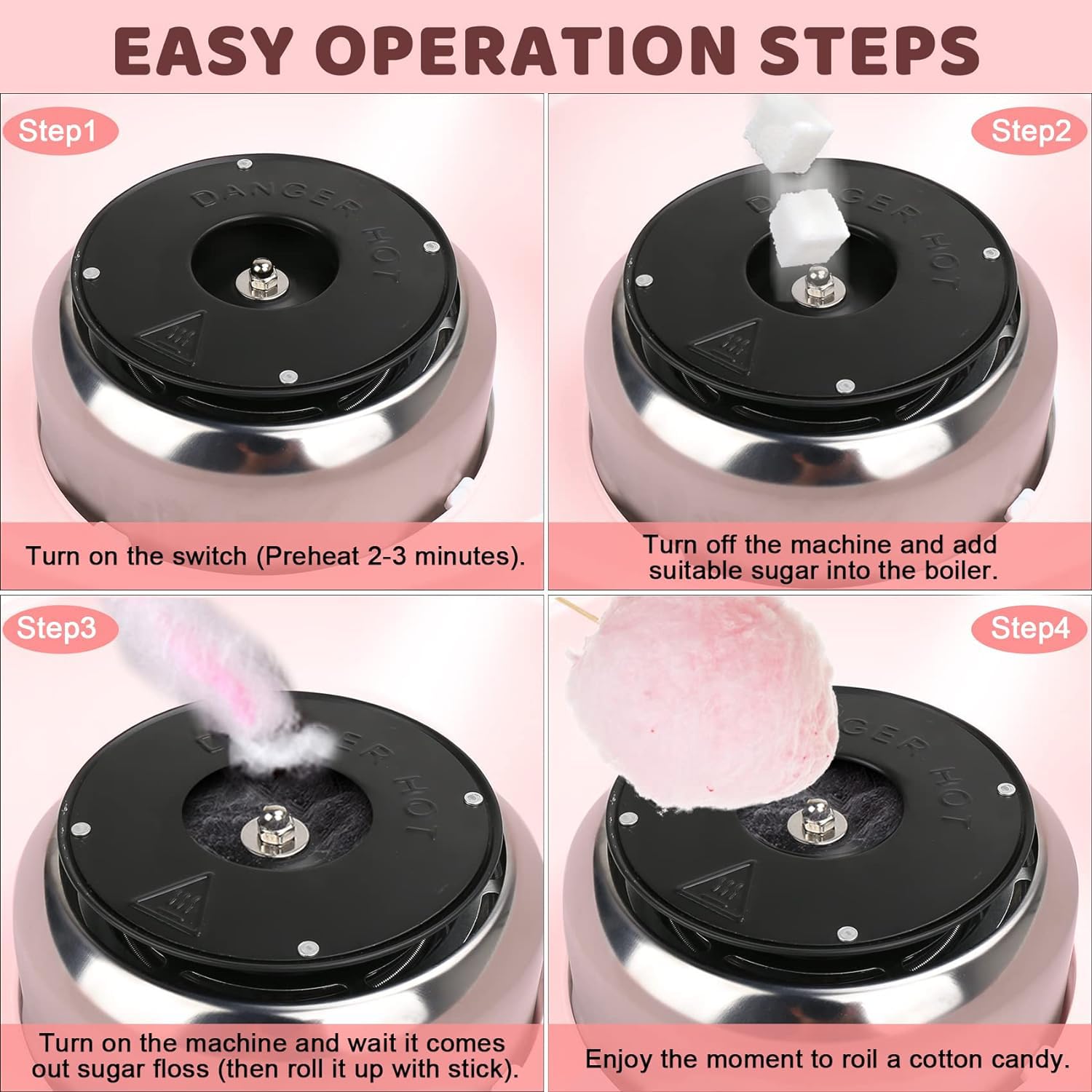 AngelReally Mini Cotton Candy Maker Machine for Kids - Pink Portable Home Candy Floss Maker with 20 Sticks & Sugar Scoop - Perfect for Birthday Parties, Christmas Gifts & Family Gatherings