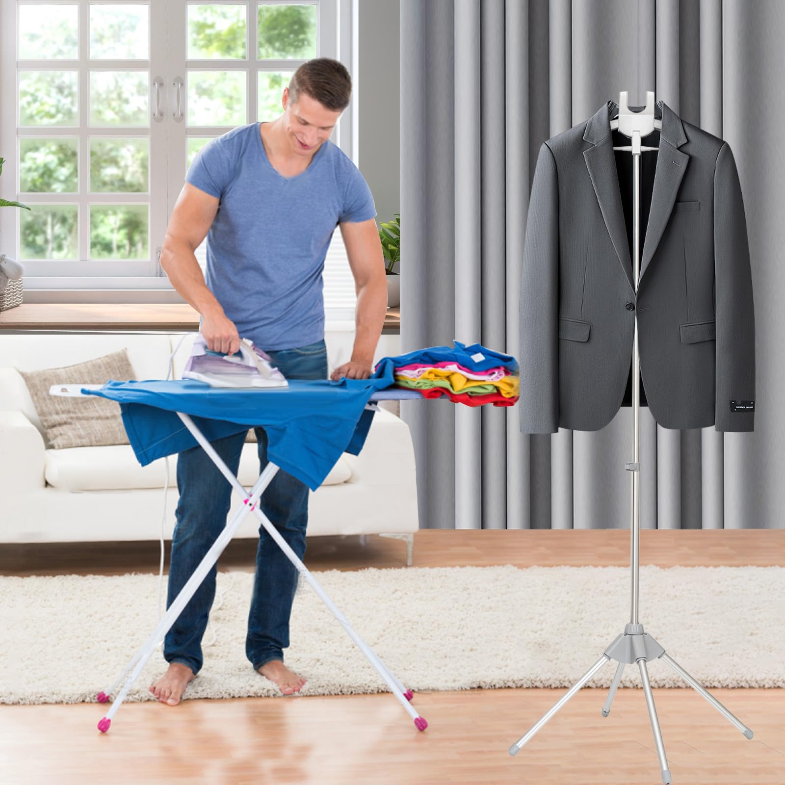 Portable Standing Clothes Steamer with Adjustable Hanger & Ironing Gloves | Foldable Garment Drying Rack | Handheld Steamer for Travel & Home Use | Perfect for Wrinkles Removal & Quick Ironing | Grey