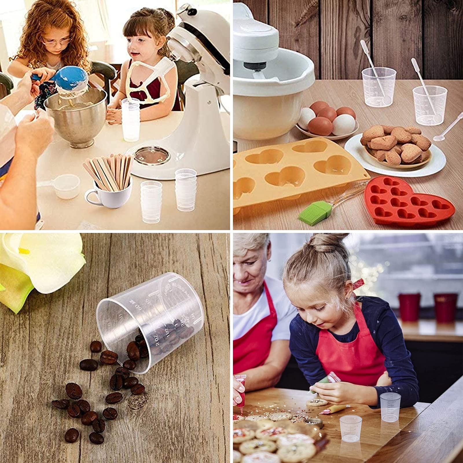 50 Pack 30ml Clear Plastic Measuring Cups with Lids & Wooden Stir Sticks - Reusable Graduated Mixing Cups for Cooking, Baking, DIY Crafts, Painting, Medication Measurement & Handmade Soap Making
