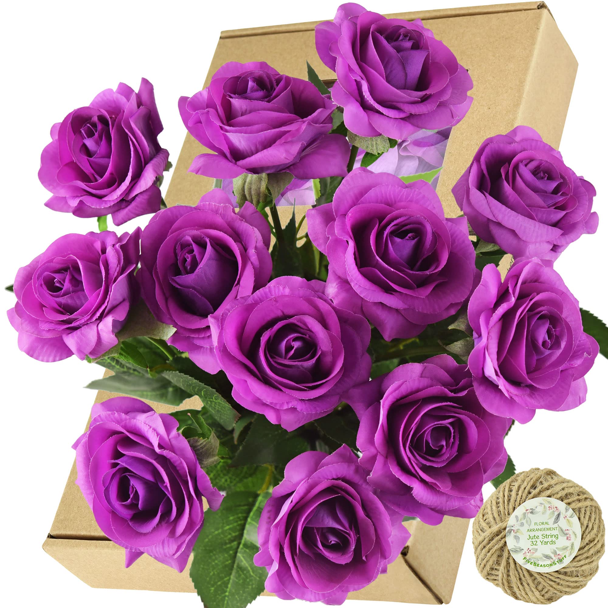 12 Stems Real Touch Silk Purple Artificial Roses - Fake Wedding Flowers for Bouquets, Centerpieces, Home Decor & Party Decorations