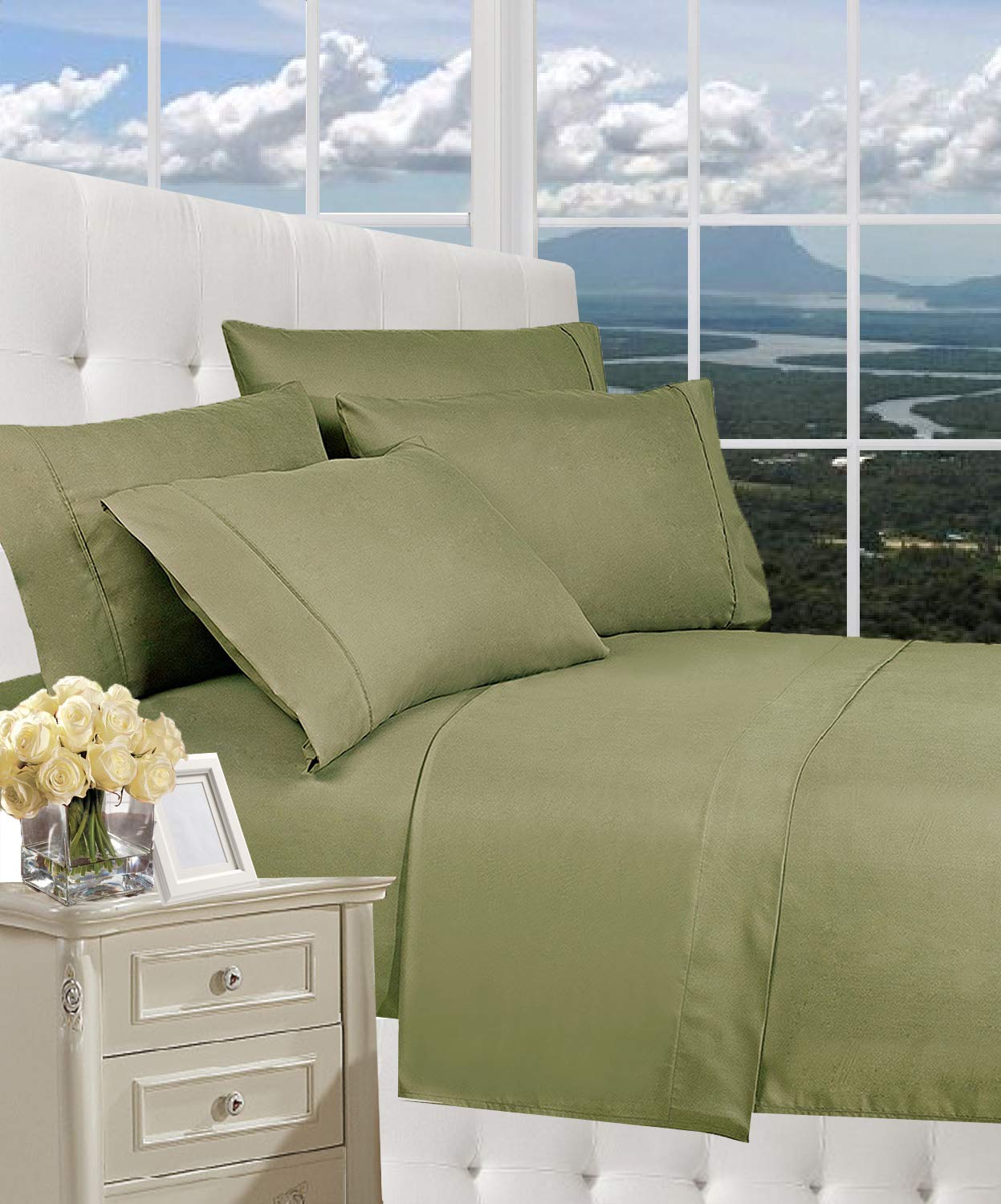 Luxury 1800 Thread Count 3-Piece Bed Sheet Set - Premium Hotel Quality, Wrinkle Free, Deep Pocket Fitted Sheet - Twin Size, Sage Green - Perfect for Master Bedroom, Guest Room & Vacation Homes