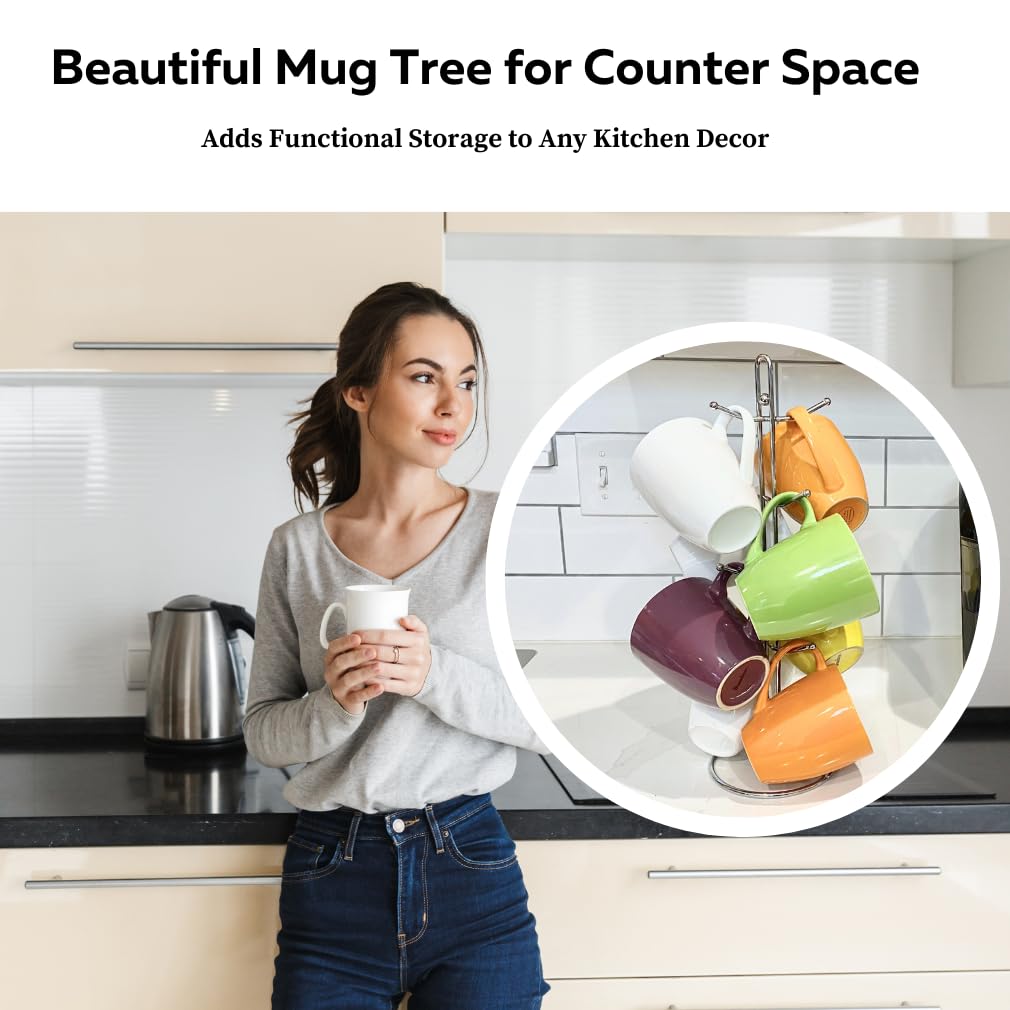 Evelots Coffee Cup Holder for Kitchen Countertop - Sturdy Rust-Free Steel Tree Hooks Holds 8 Large Mugs - Tea Cup Storage Rack with Chrome Finish - Coffee Bar Display Stand (One Piece) - Perfect for Kitchen Organization & Coffee Shop Decor