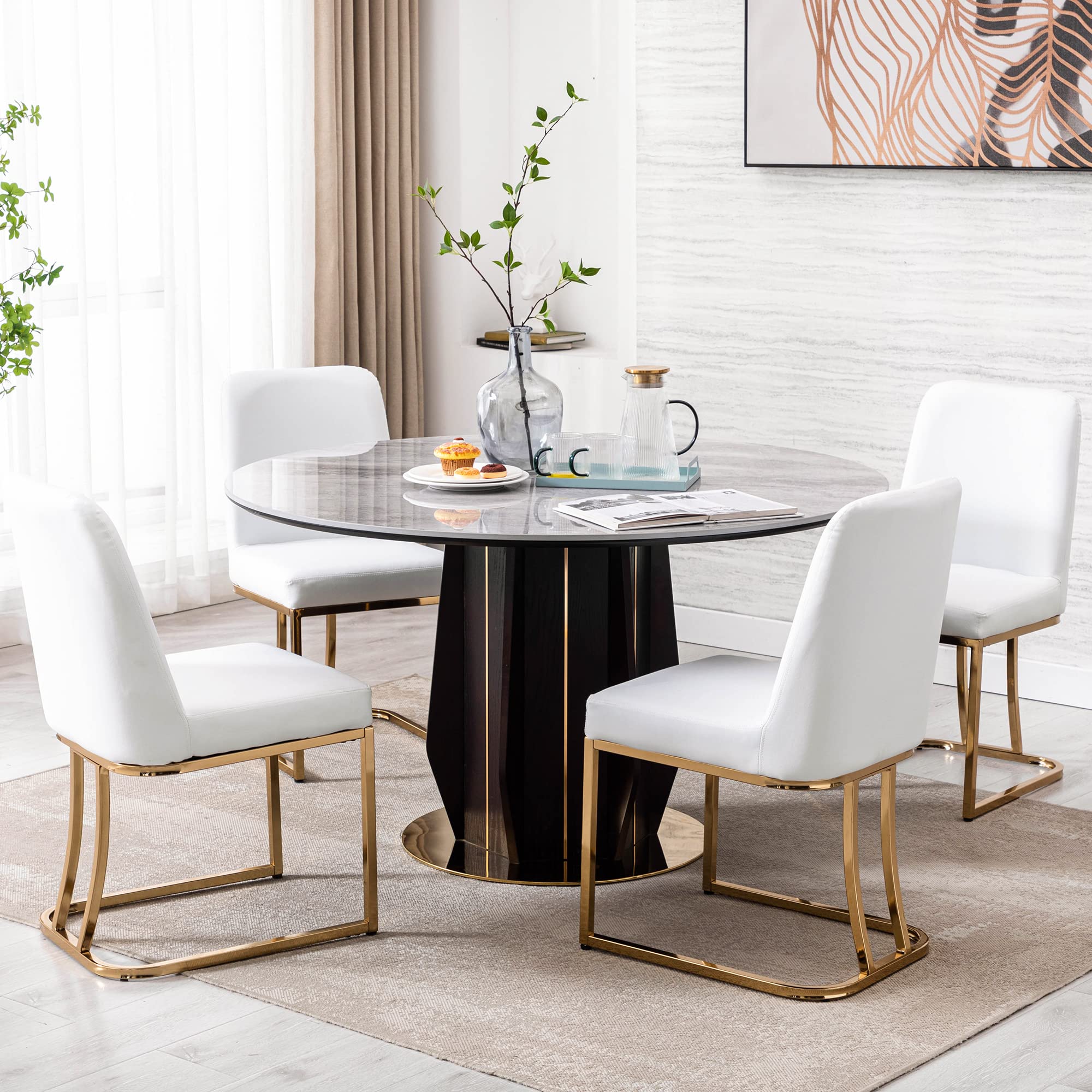 Mid Century Modern Dining Chairs Set of 2 - PU Leather Upholstered Armless Kitchen Chairs with Gold Metal Legs, 17.7