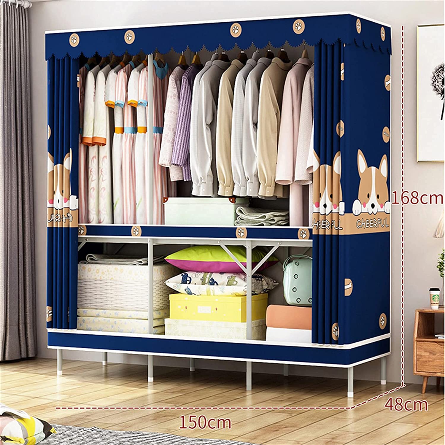 Pink Portable Fabric Wardrobe Closet - 168x150x48cm Foldable Metal Frame Clothing Storage Organizer for Bedroom, Dorm, Travel & Small Spaces | Heavy Duty Garment Rack with Hanging Rail