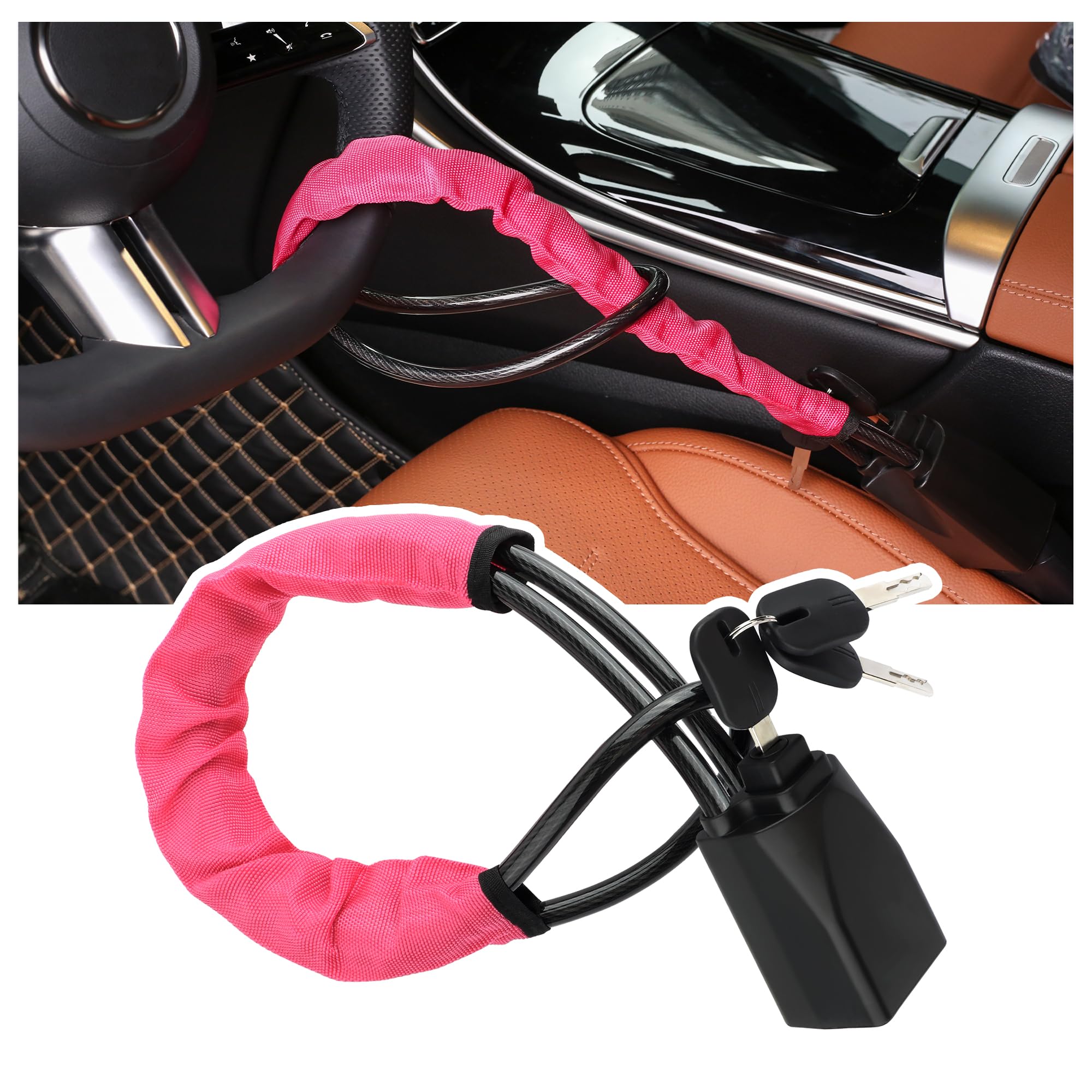 Universal Car Steering Wheel Lock Anti-Theft Device with 3 Keys - for Cars, Trucks & SUVs (Rose Pink) - Secure Parking Safety