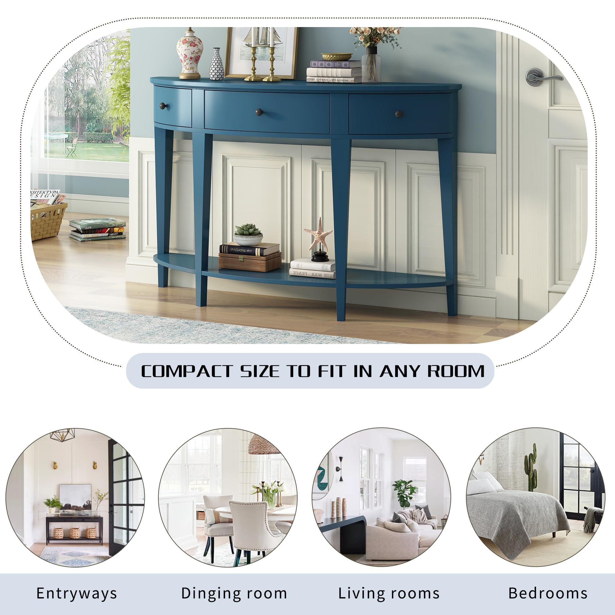 PURLOVE Modern Curved Console Table with Drawer - Solid Wood Entryway Table with Open Shelf for Hallway, Living Room & Foyer - Navy Blue Home Decor for Small Spaces & Apartment Entryways
