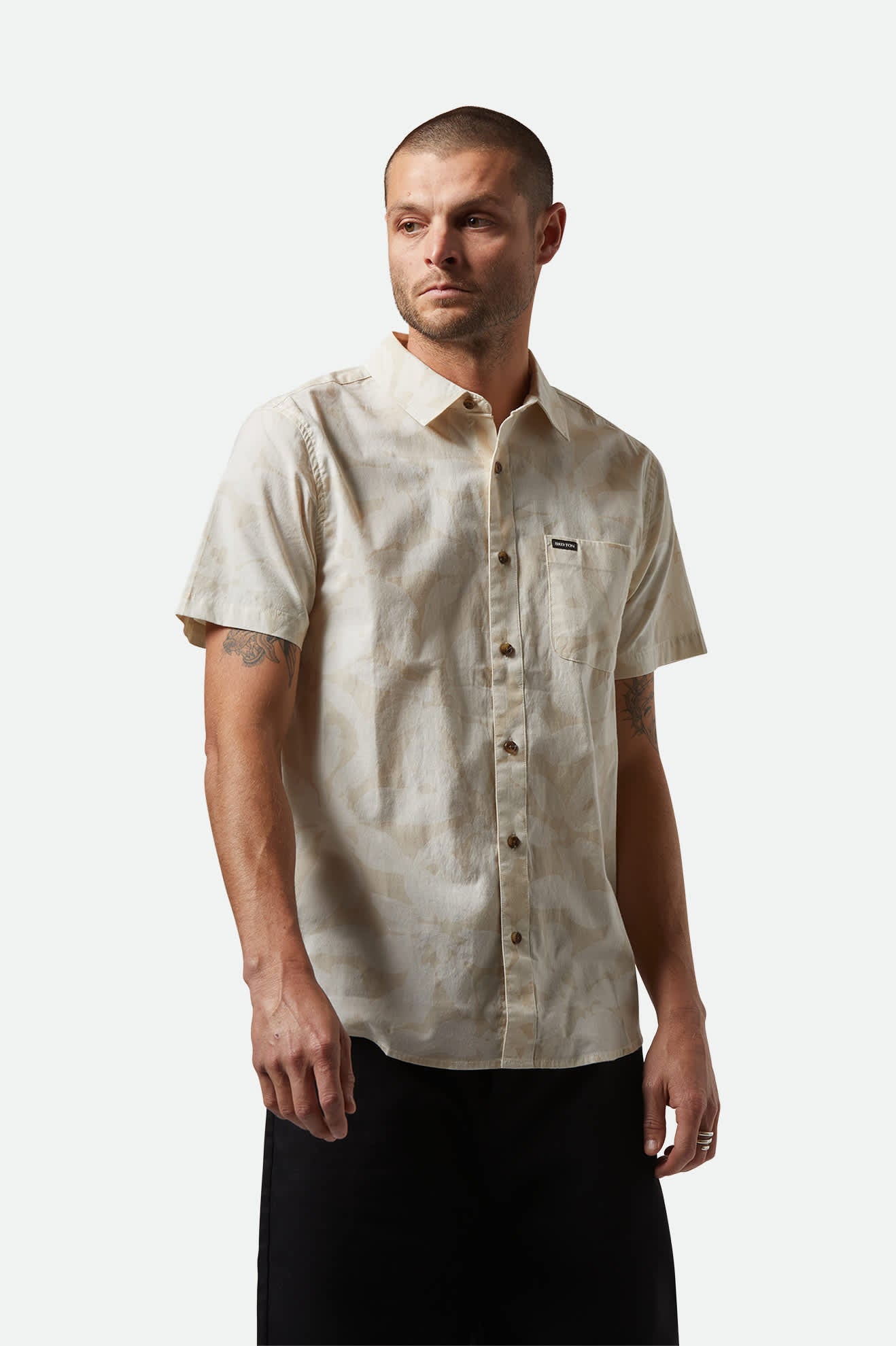 Charter Print Short Sleeve Shirt - Beige & White Floral Pattern Casual Summer Top for Men | Beach Vacation, Outdoor Party, Date Night Outfit
