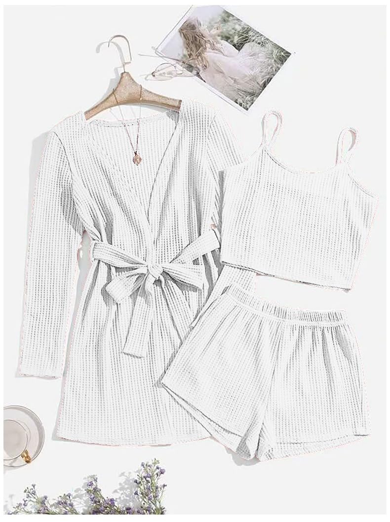 Women's 3-Piece Waffle Knit Pajama Set - Soft Lounge Sleepwear with Tank Top, Shorts & Cardigan - Cozy Homewear for Sleeping, Relaxing & Lounging
